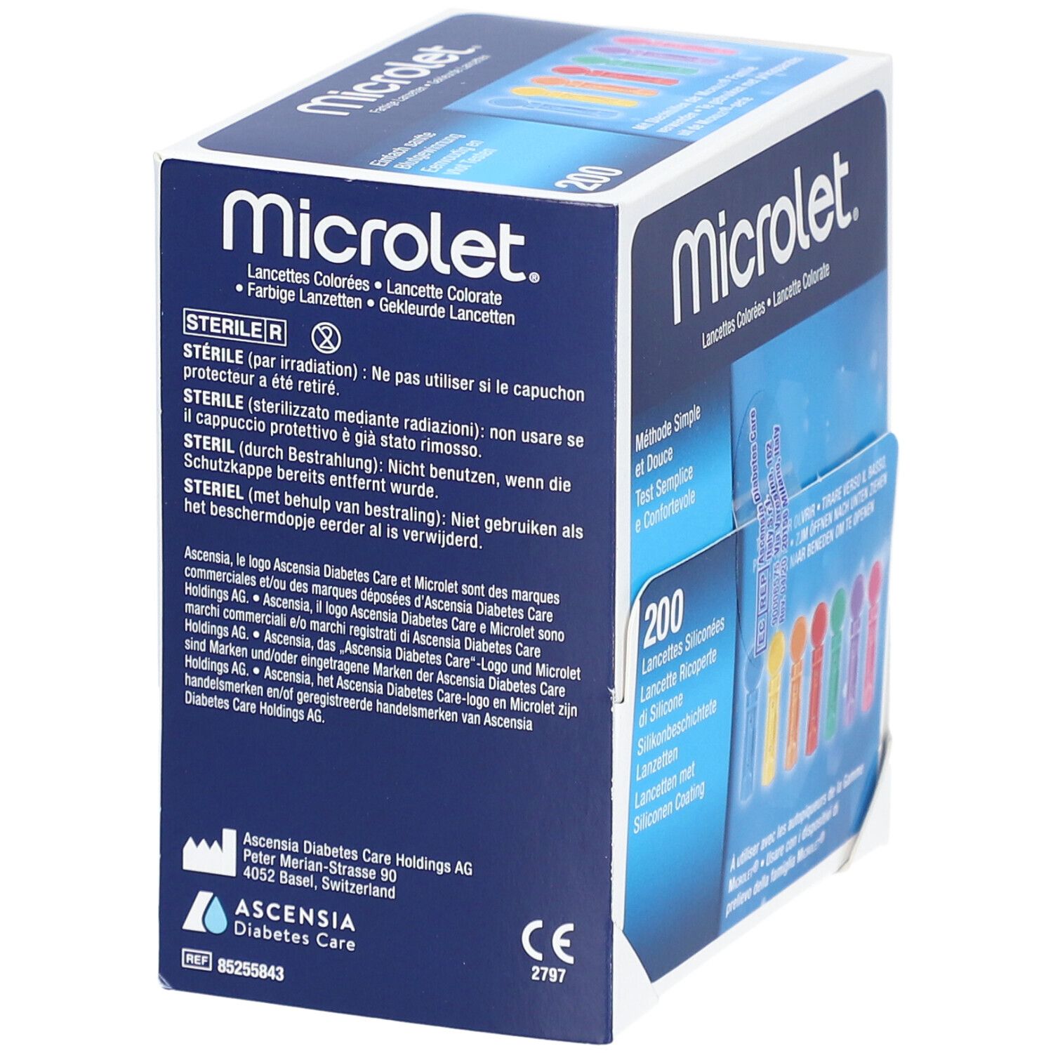 Boîte de lancettes Microlet. Inscriptions multilingues. Mention stérile. Contient 200 lancettes colorées. Logo Ascensia Diabetes Care.
