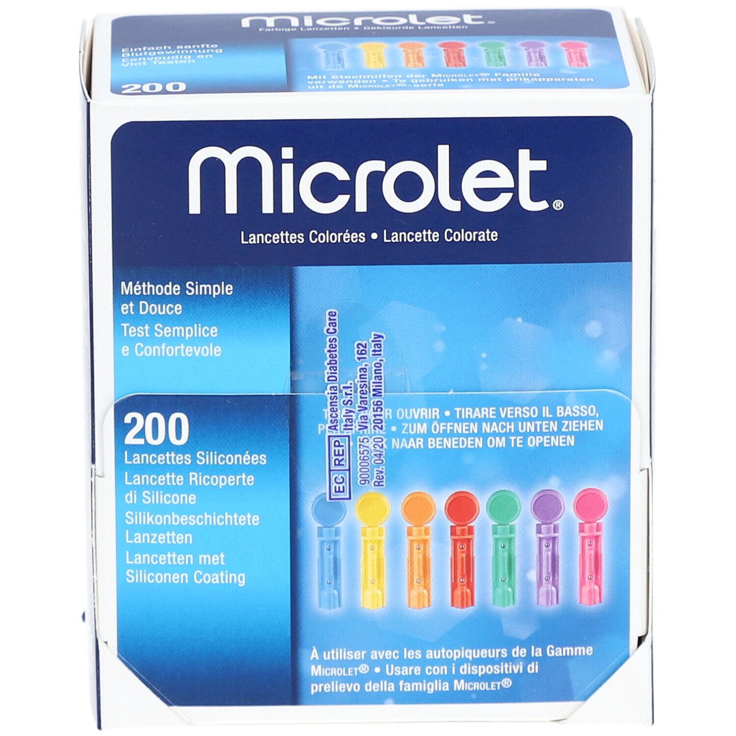 Face avant de la boîte de lancettes Microlet. Contient 200 lancettes colorées. Inscriptions multilingues. Lancettes colorées visibles.