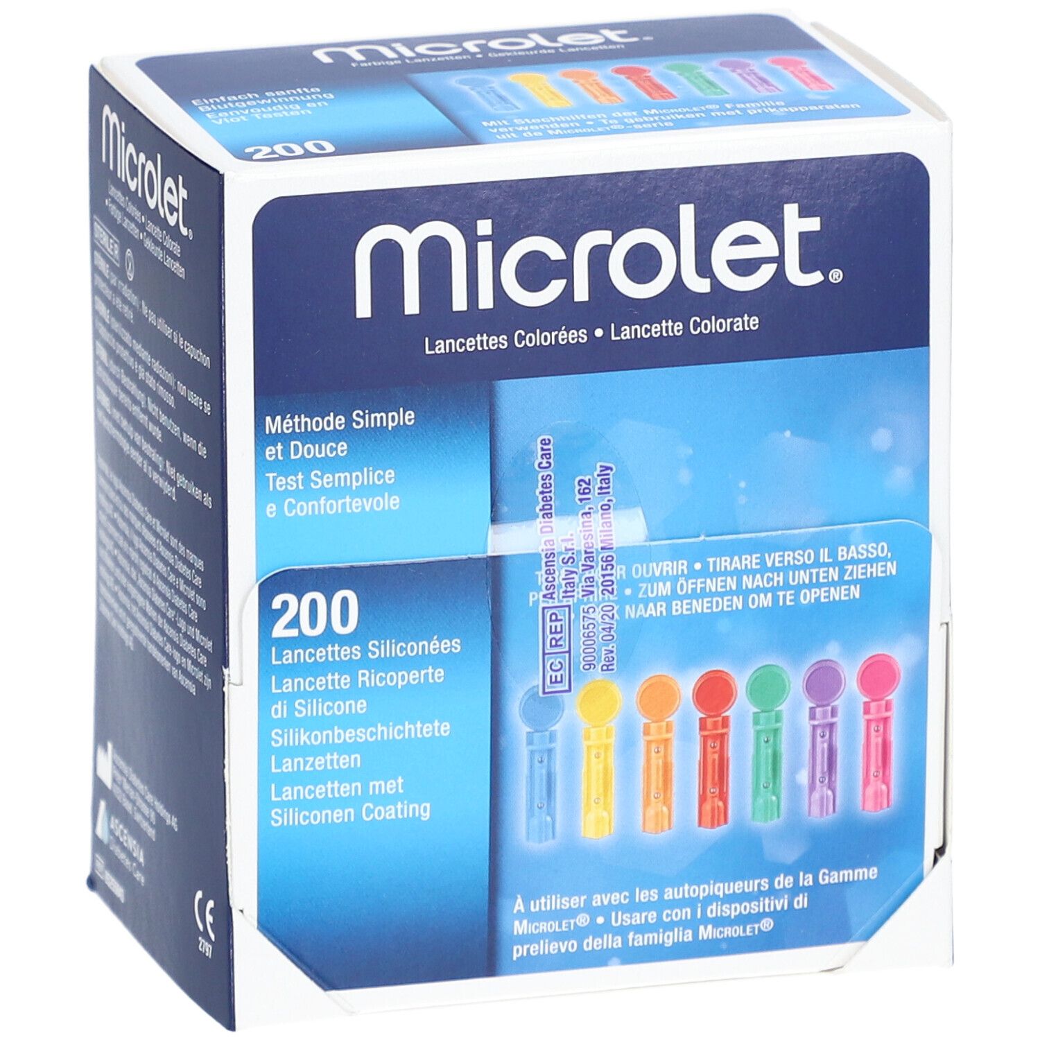 Boîte de lancettes Microlet avec rabat ouvert. Contient 200 lancettes colorées. Inscriptions multilingues. Lancettes colorées visibles.