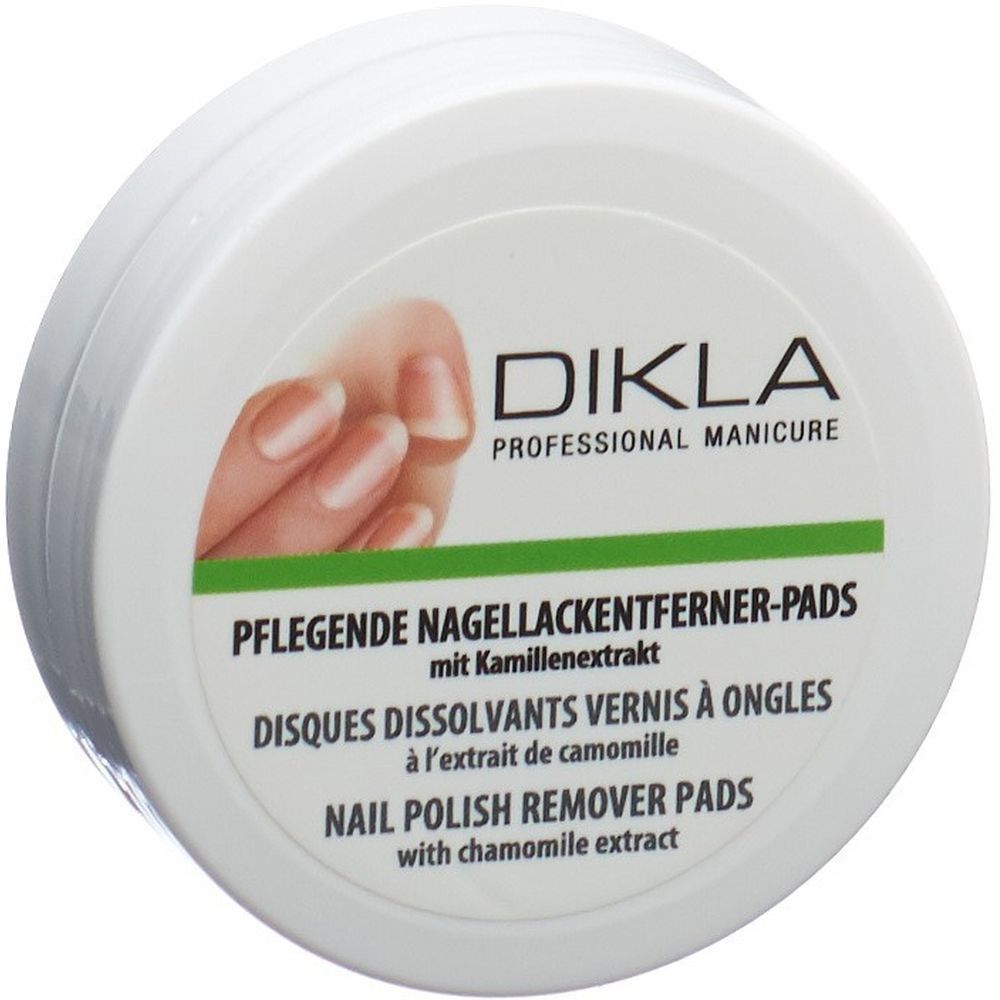 Runde, weiße Dose mit Deckel. Auf dem Deckel befinden sich Produktbezeichnungen und ein Hand-Nagel-Motiv. Text: DIKLA PROFESSIONAL MANICURE.