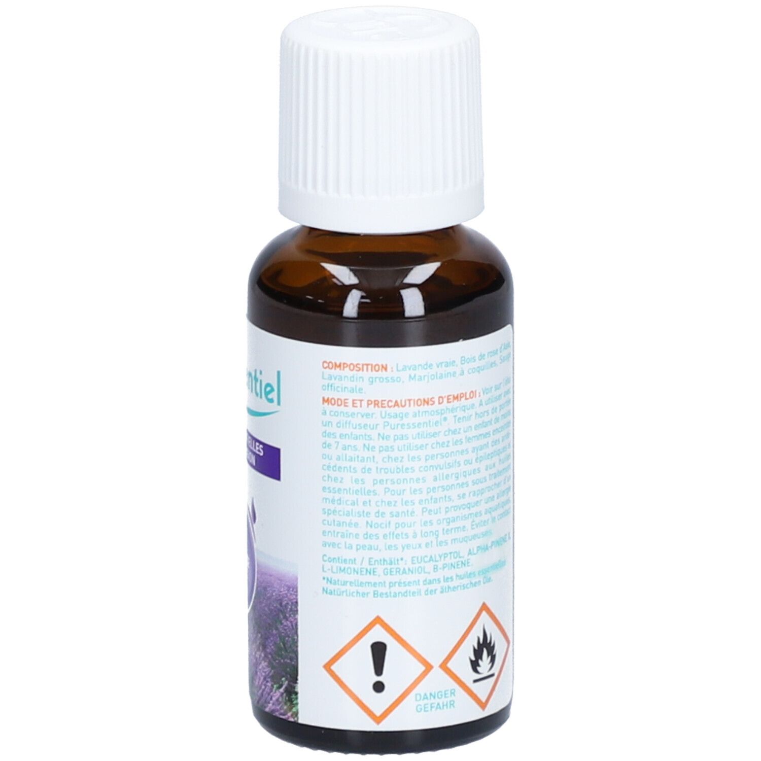Flacon en verre brun avec bouchon blanc. Étiquette avec informations produit et symboles de danger. Texte: Huiles essentielles pour diffusion Provence.