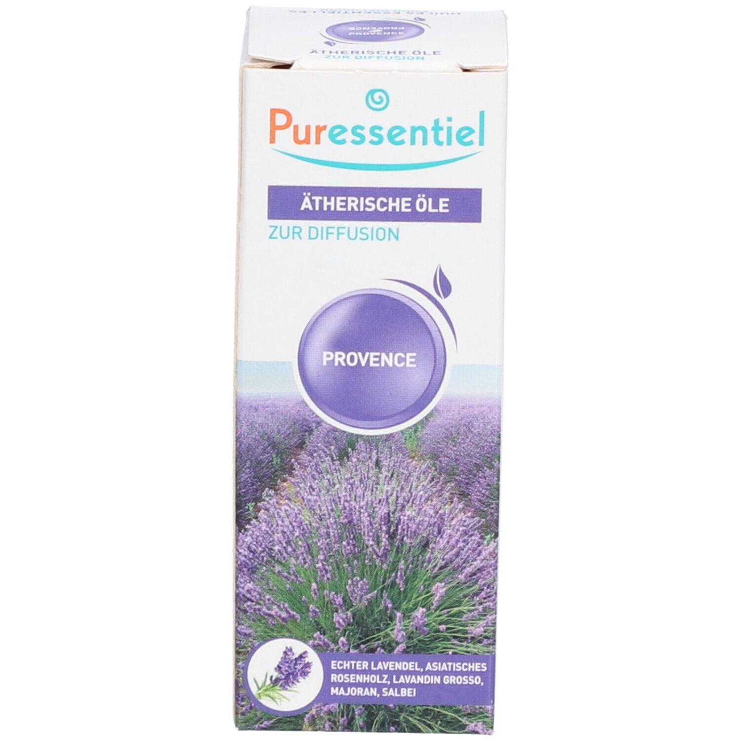 Emballage du produit. Carton avec nom du produit et image de lavande. Texte: Huiles essentielles pour diffusion Provence.