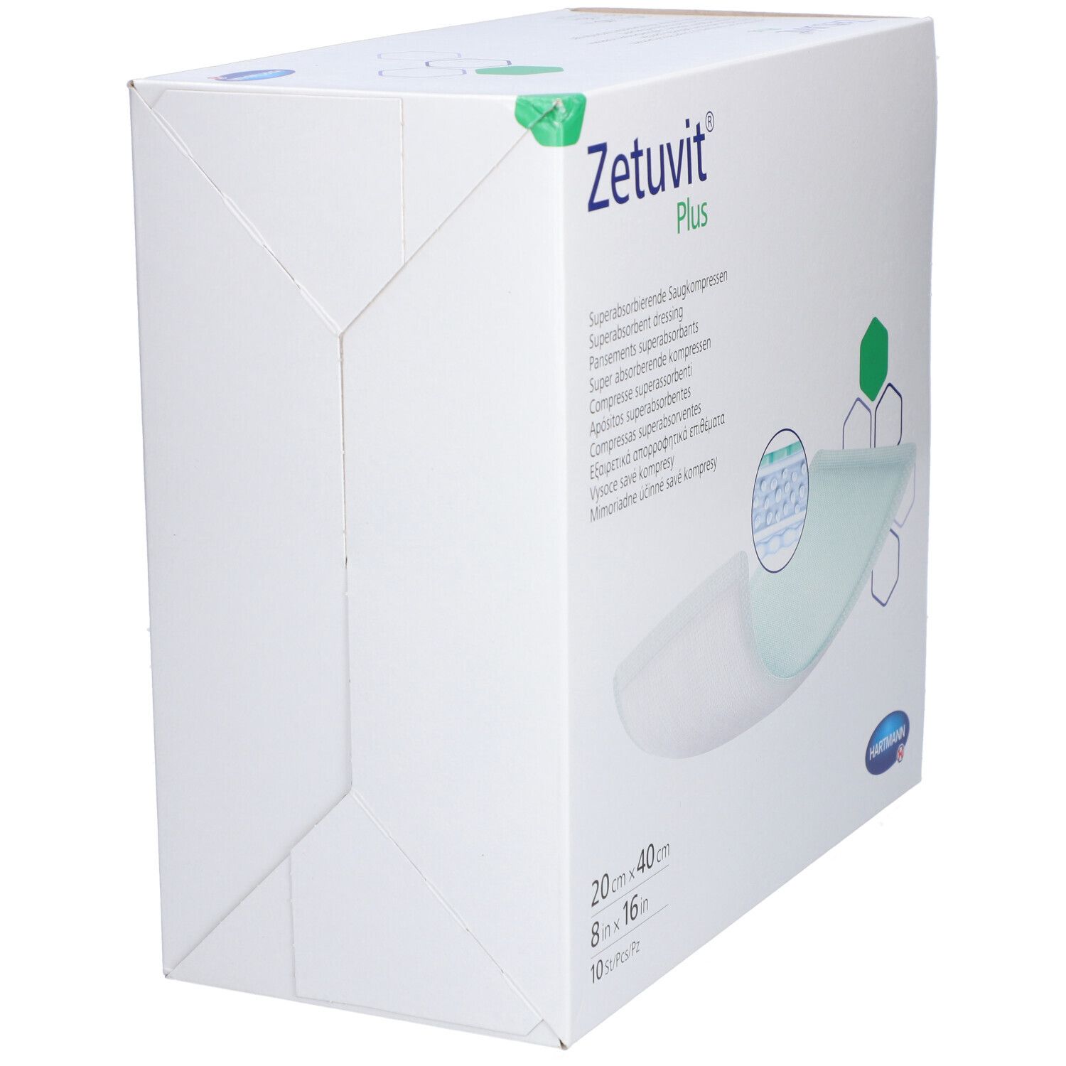 Schrägansicht der Verpackung von Zetuvit® Plus. Zeigt Produktnamen, Größenangabe 20 x 40 cm und Logo. Eckdetail mit grünem Akzent.