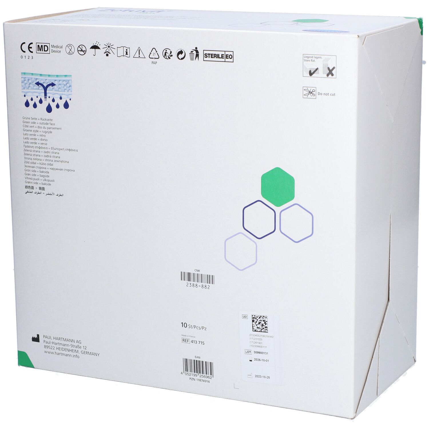 Rückseite der Zetuvit® Plus Verpackung. Enthält Piktogramme, Chargennummer, Herstelleradresse und Zertifizierungen. Grün-blaue Farbgebung.