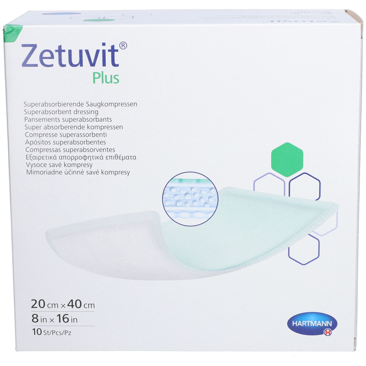 Verpackung von Zetuvit® Plus. Zeigt Produktnamen, Größenangabe 20 x 40 cm und Logo. Produktabbildung und mehrsprachige Angaben.