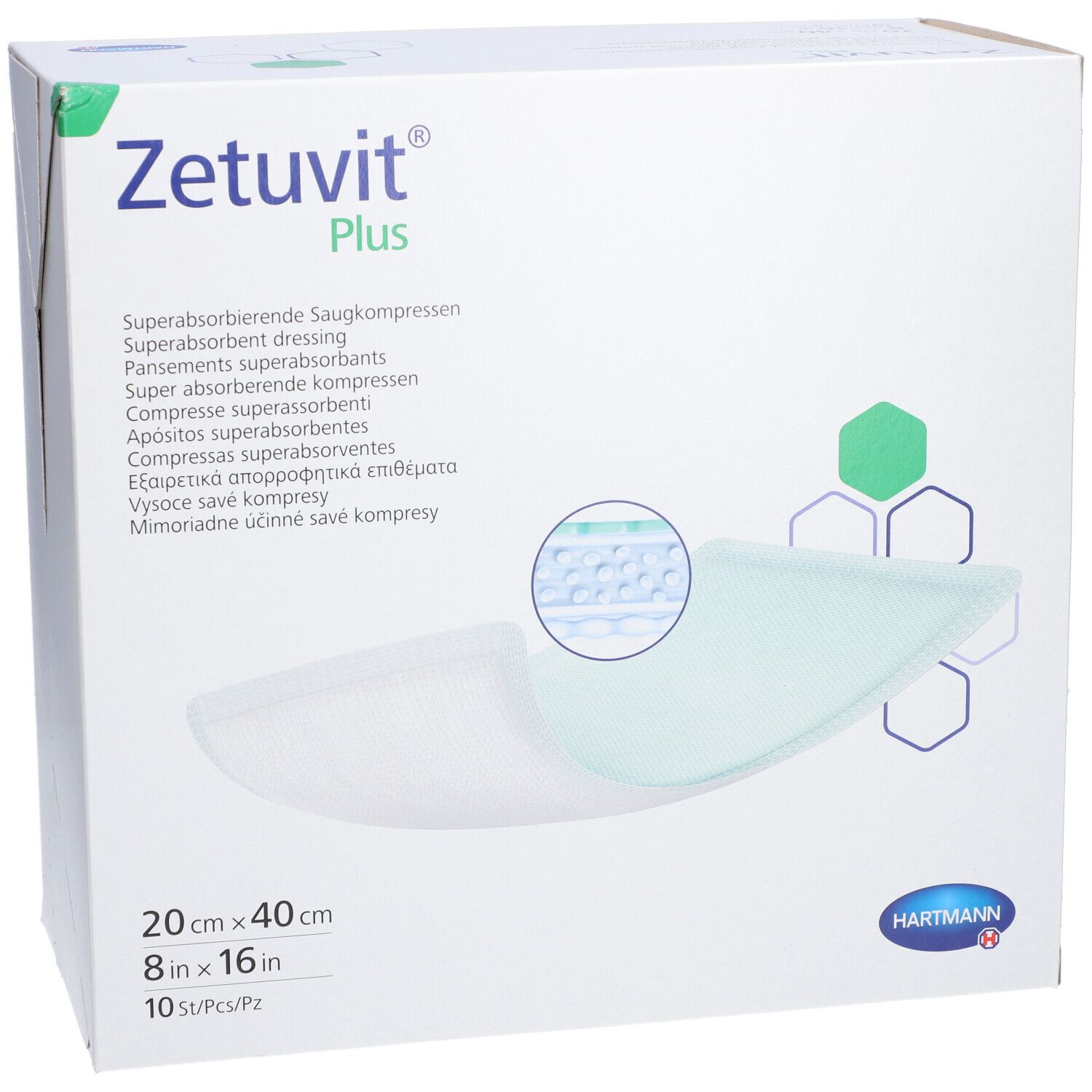 Verpackung von Zetuvit® Plus. Zeigt Produktnamen, Größenangabe 20 x 40 cm und Logo. Produktabbildung und mehrsprachige Angaben.