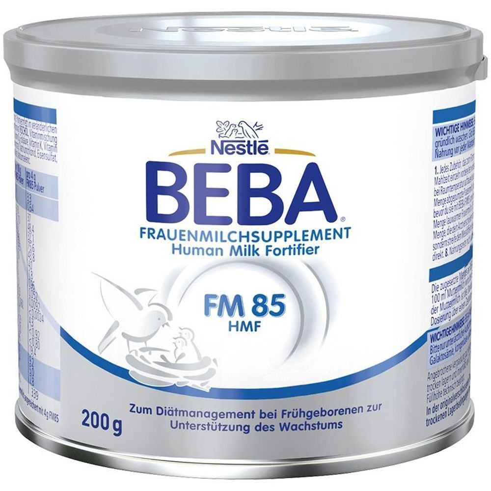 Boîte de Nestlé BEBA® FM 85. 200g. Ingrédients et informations nutritionnelles. Pour prématurés. Argenté.