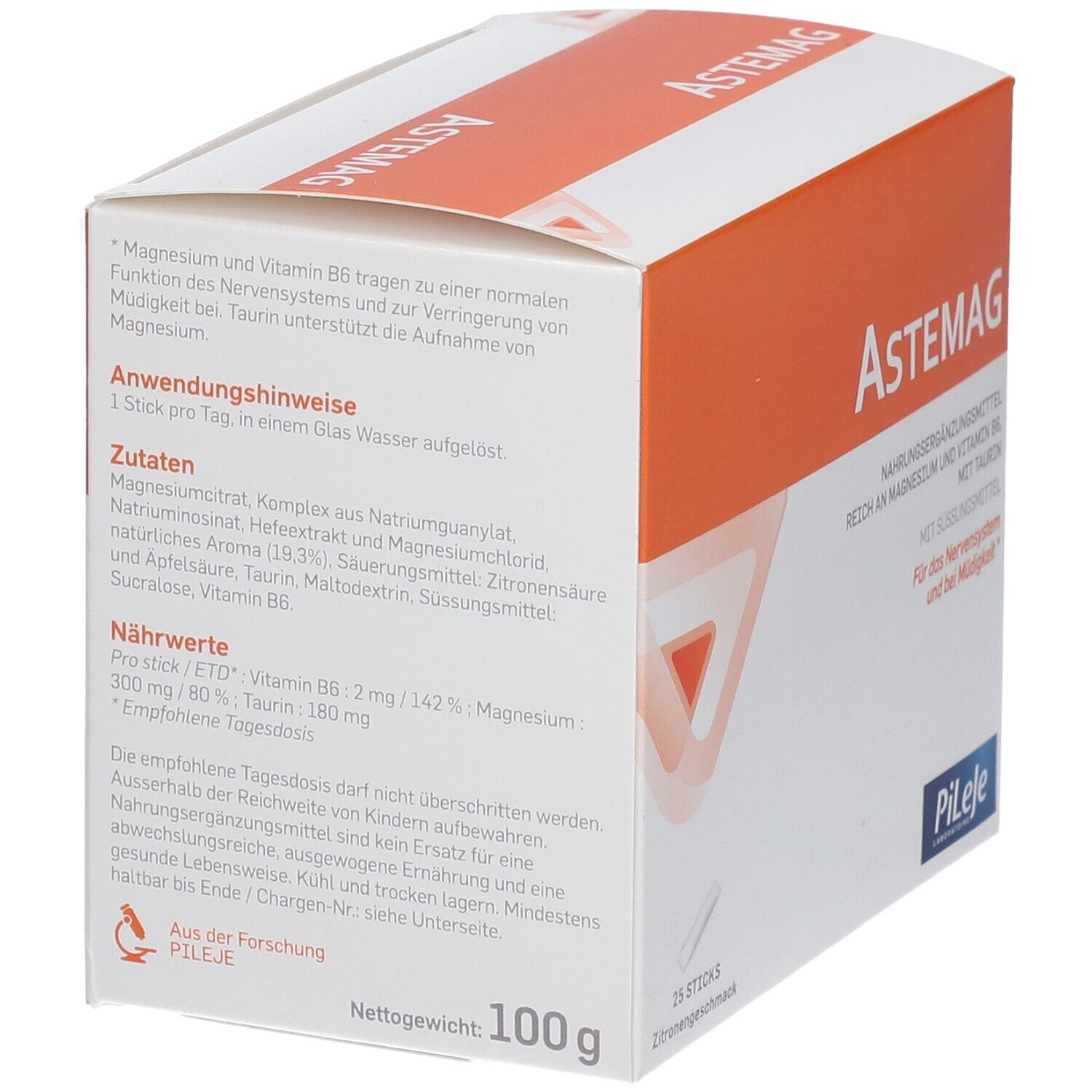 Astemag-Verpackung, Detailansicht. Rückseite mit Inhaltsstoffen, Anwendungshinweisen und Nährwerten. 100g. Marke Pileje.