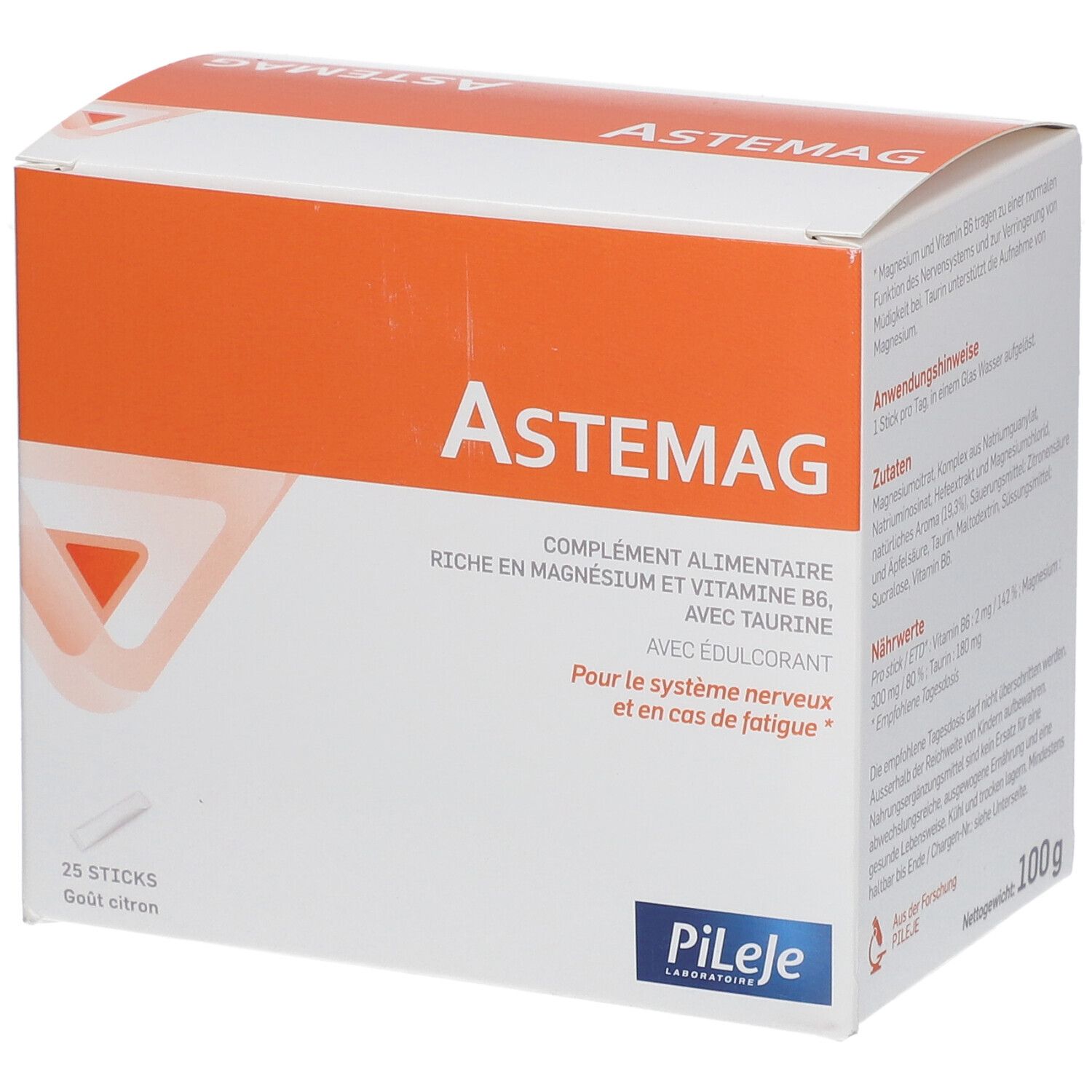 Astemag-Verpackung. Weiß-orangefarbener Karton mit Produktnamen und Inhaltsangaben. 25 Sticks, Zitronengeschmack. Marke Pileje.