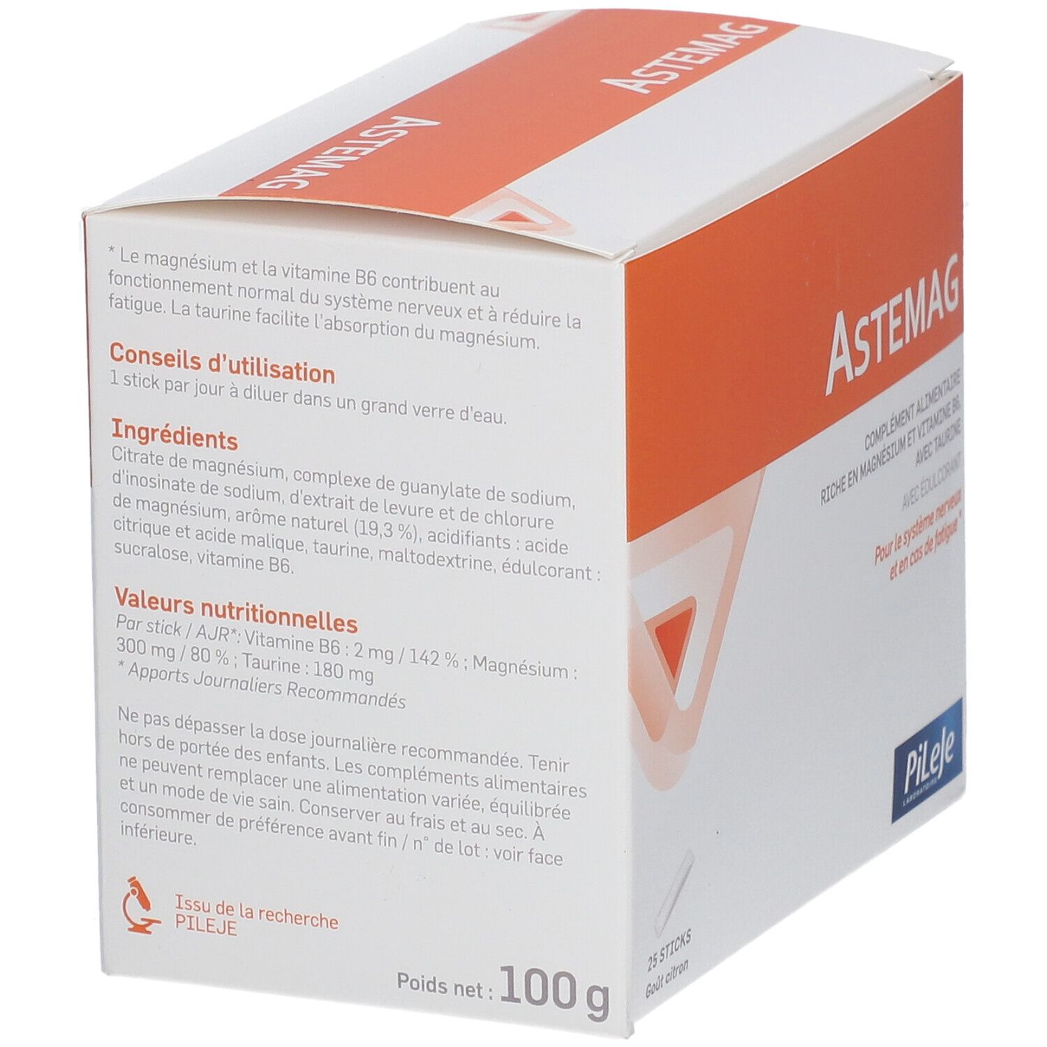 Astemag-Verpackung, Detailansicht. Rückseite mit Inhaltsstoffen, Anwendungshinweisen und Nährwerten. 100g. Marke Pileje.