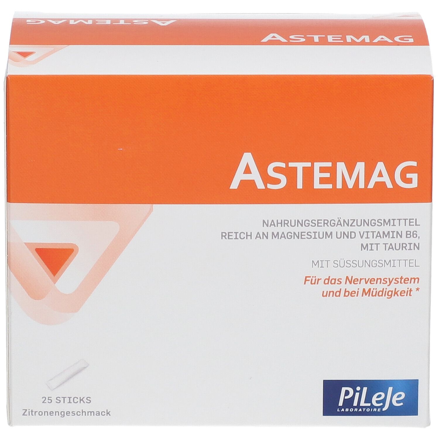Astemag-Verpackung. Weiß-orangefarbener Karton mit Produktnamen und Inhaltsangaben. 25 Sticks, Zitronengeschmack. Marke Pileje.