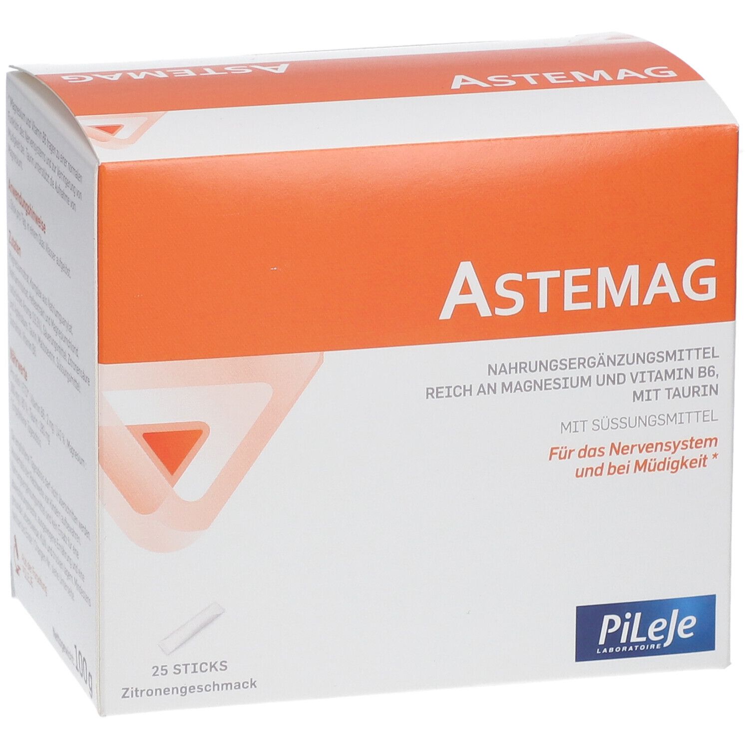 Astemag-Verpackung. Weiß-orangefarbener Karton mit Produktnamen und Inhaltsangaben. 25 Sticks, Zitronengeschmack. Marke Pileje.