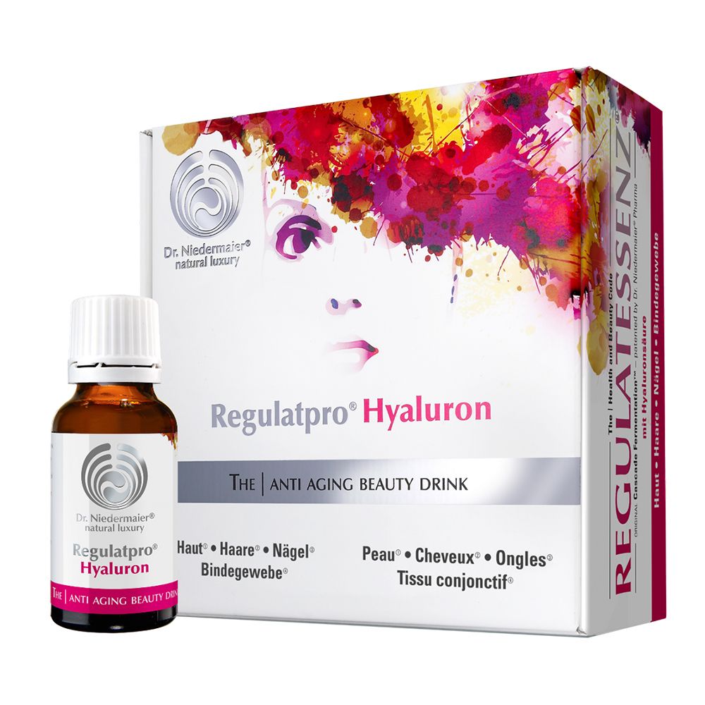 Boîte et flacon Regulatpro Hyaluron. Flacon de liquide brun. Boîte avec visage et texte. "The Anti Aging Beauty Drink".