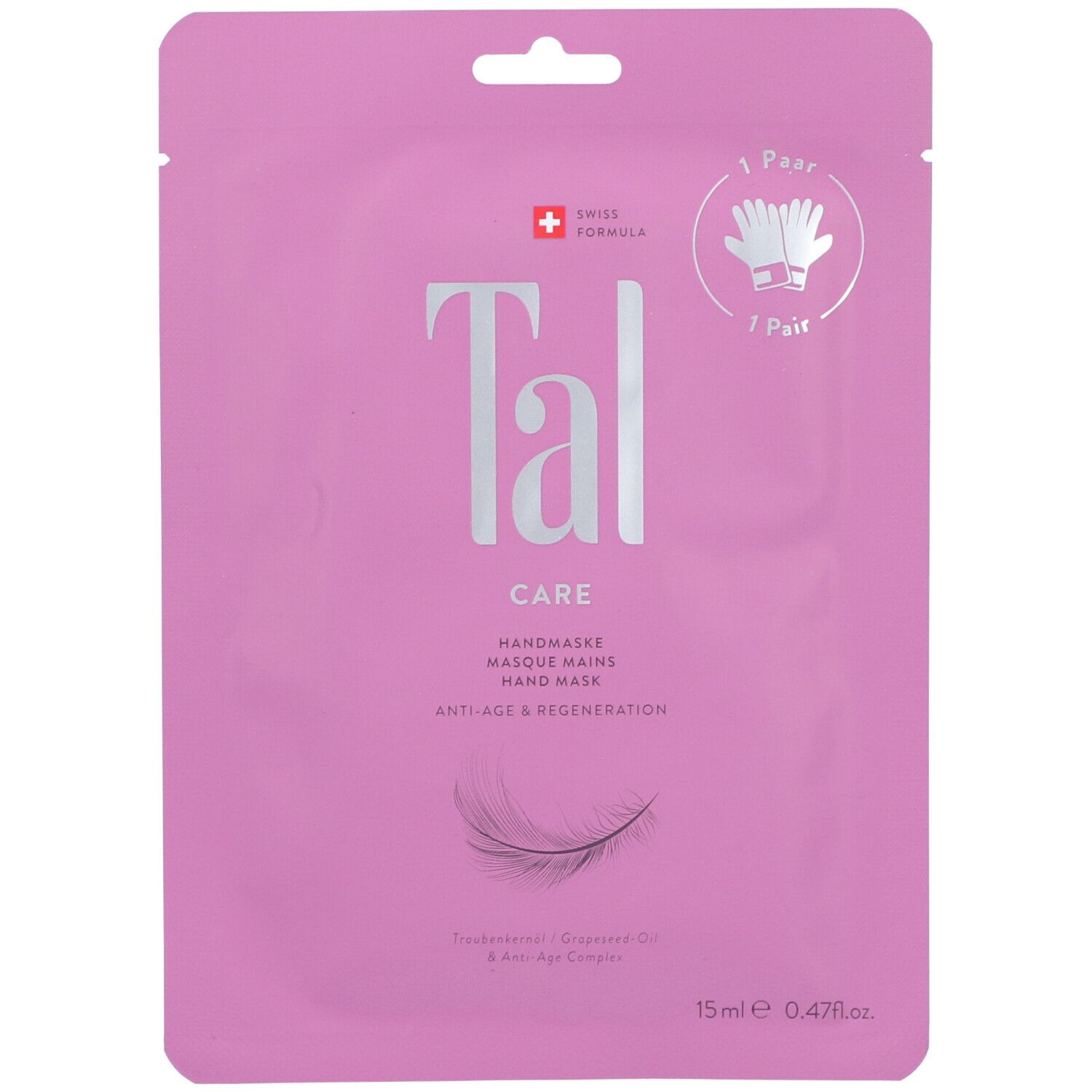 Rosa Verpackung mit Produktnamen "Tal" und "CARE". Enthält Handmaske. Text: Anti-Age & Regeneration. Schweizer Formel.