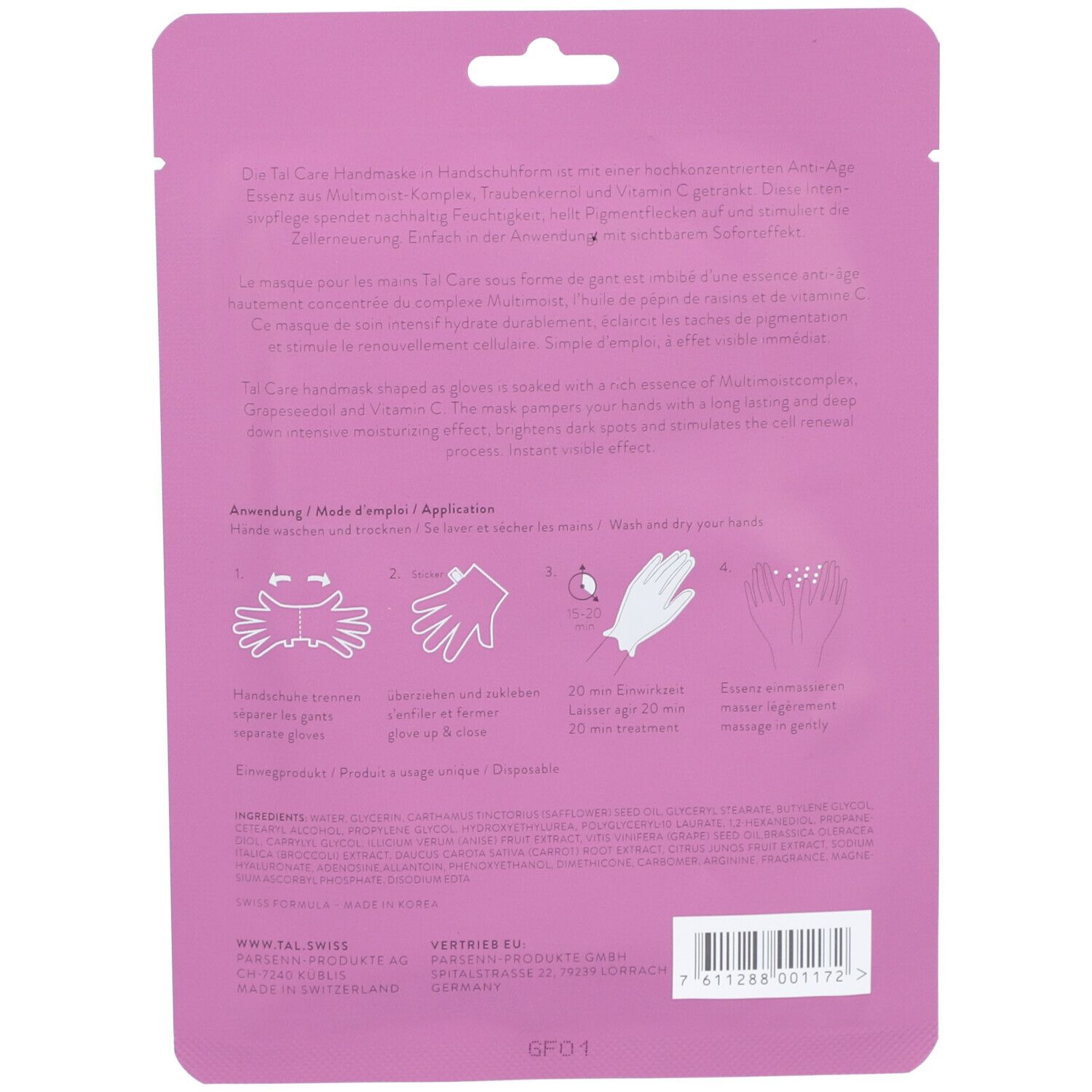 Rückseite der Verpackung. Enthält Anwendungsanleitung und Produktinformationen. Text: Tal Care Handmaske. Mit Illustrationen.