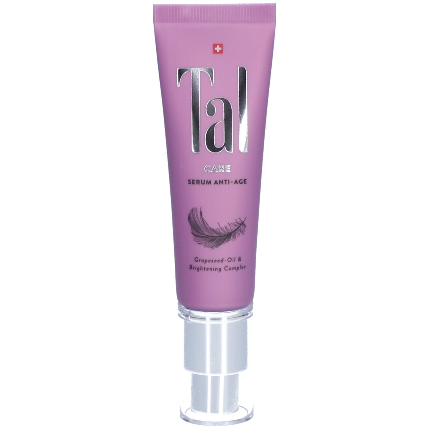 Tube violette avec applicateur blanc. Inscription: Tal CARE SERUM ANTI-AGE. Illustration de plume.