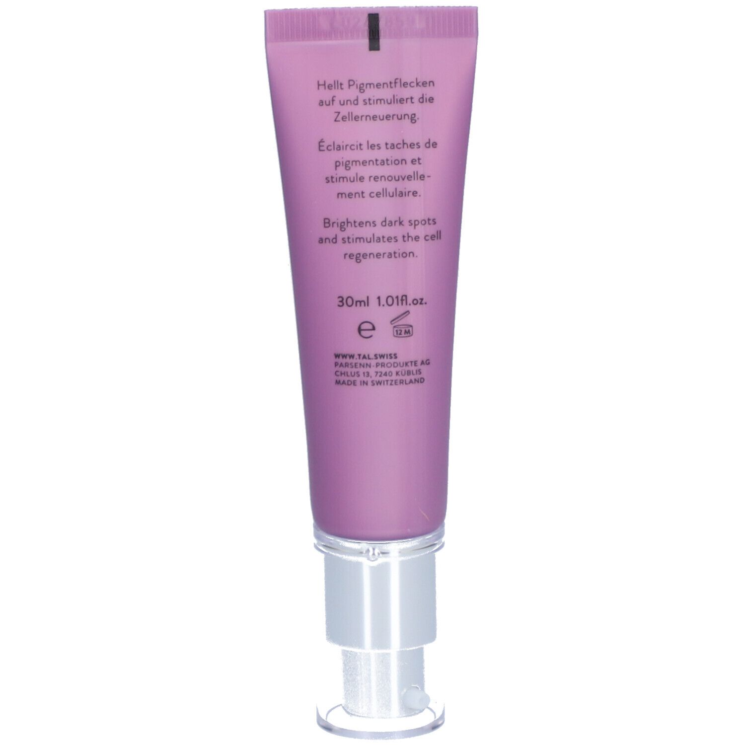 Dos du tube. Texte: Éclaircit les taches pigmentaires. 30ml. Fabriqué en Suisse.