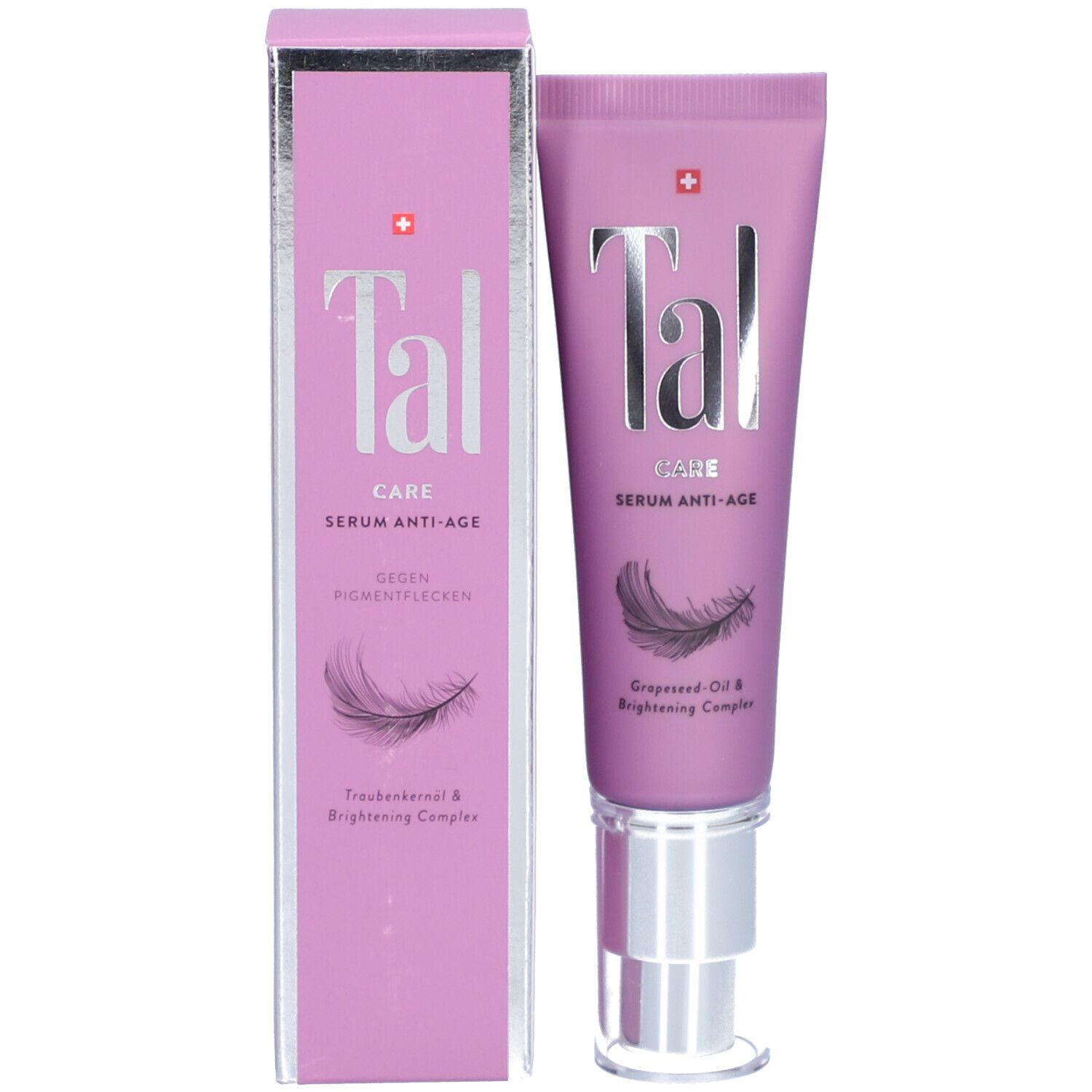 Emballage du produit avec tube. Inscription: Tal CARE SERUM ANTI-AGE. Contre les taches pigmentaires. Illustration de plume.