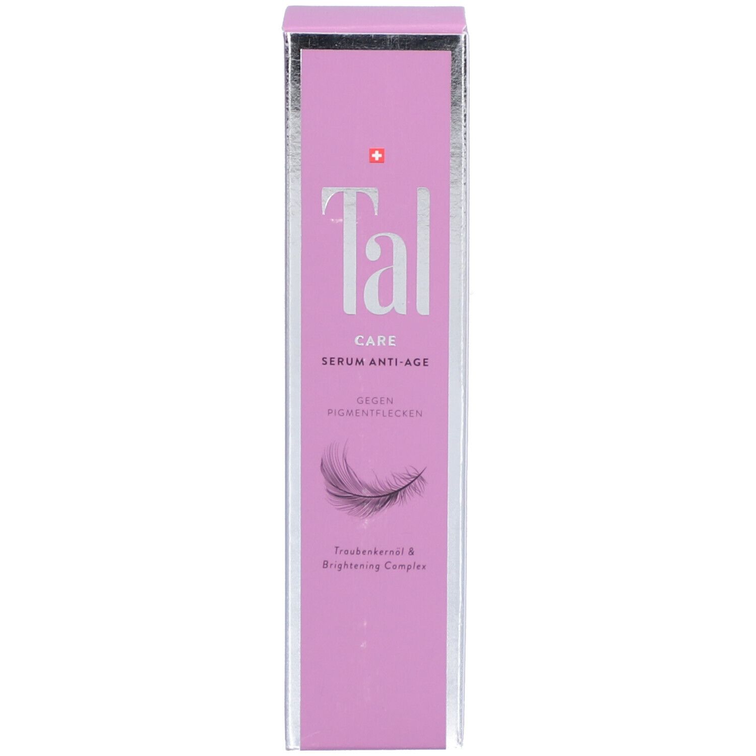 Emballage du produit. Inscription: Tal CARE SERUM ANTI-AGE. Contre les taches pigmentaires. Illustration de plume.