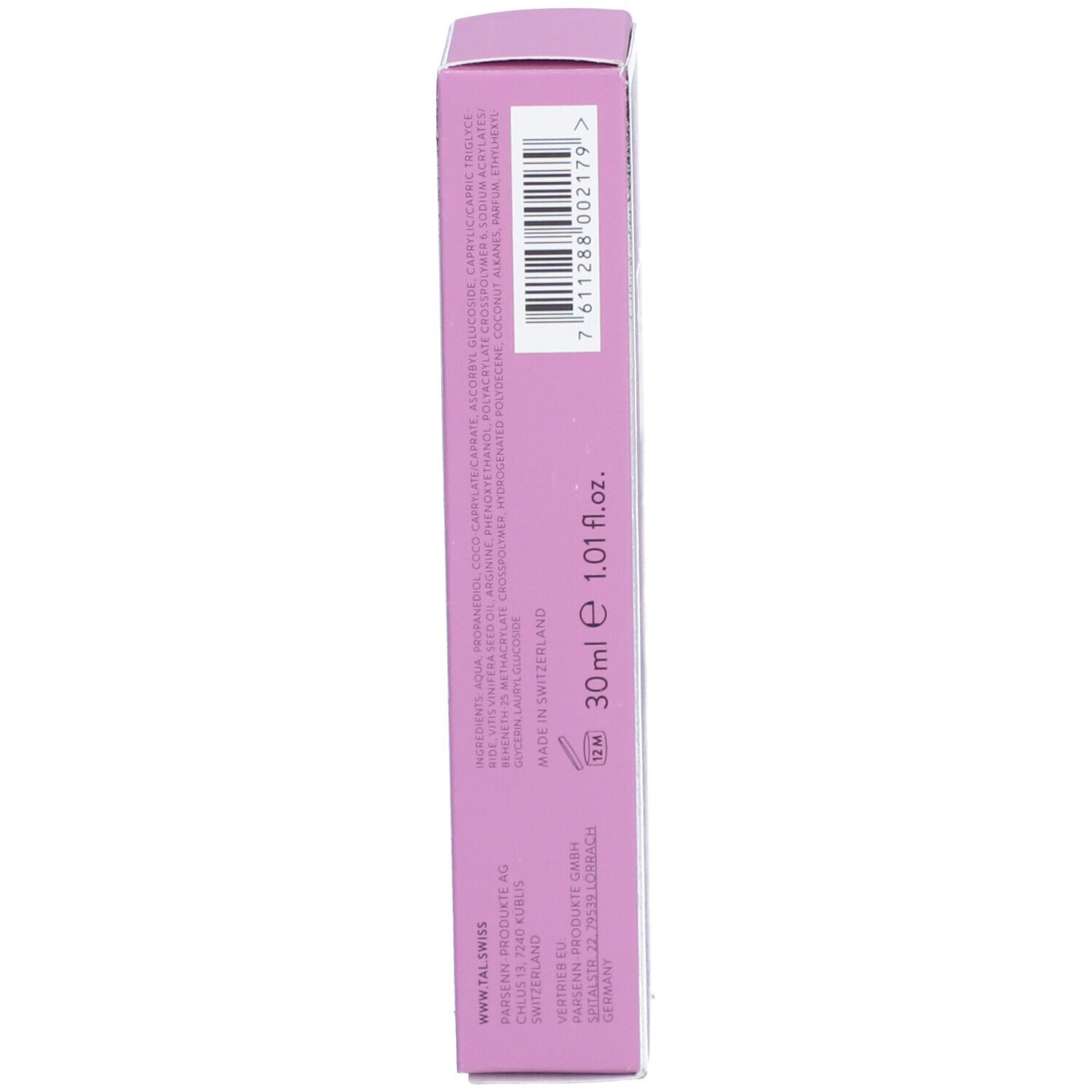 Emballage du produit. Texte: 30 ml. Ingrédients. Fabriqué en Suisse.