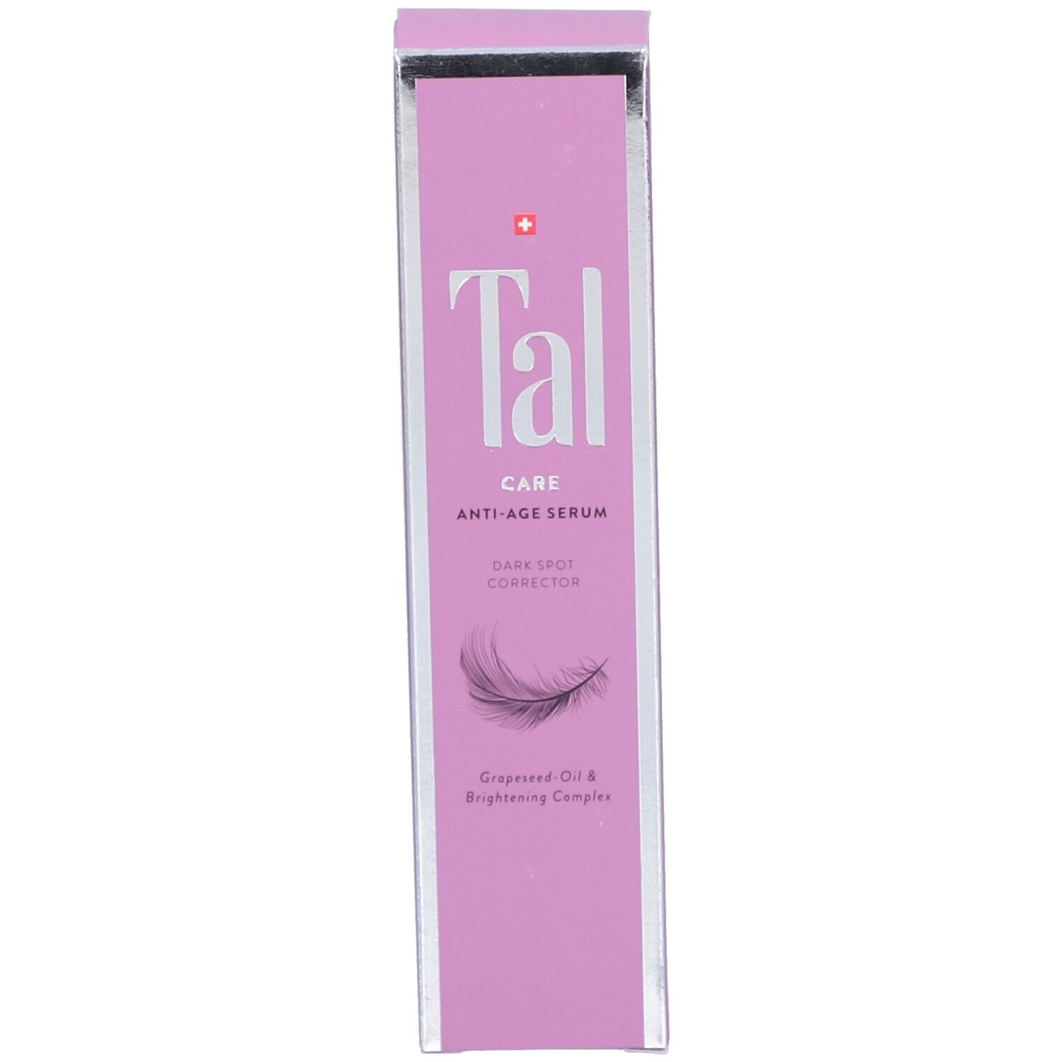 Emballage du produit. Inscription: Tal CARE ANTI-AGE SERUM. Correcteur de taches. Illustration de plume.