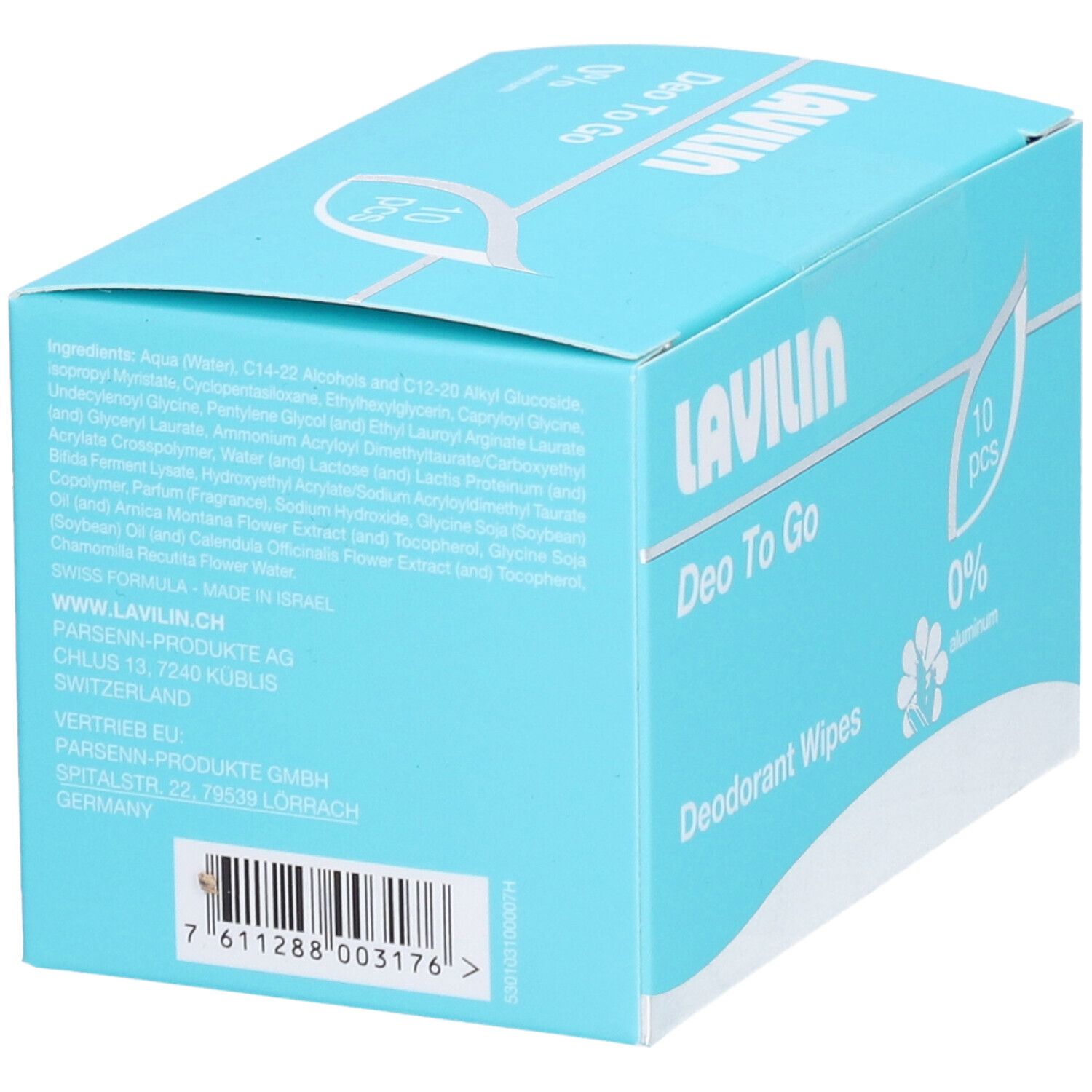 Rückseite der LAVILIN Deo To Go Box mit Inhaltsstoffen und Herstellerinformationen.