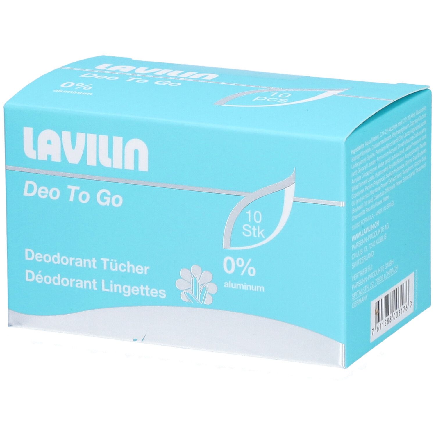 LAVILIN Deo To Go Deodorant Tücher Box, 10 Stück, 0% Aluminium, Vorder- und Seitenansicht.