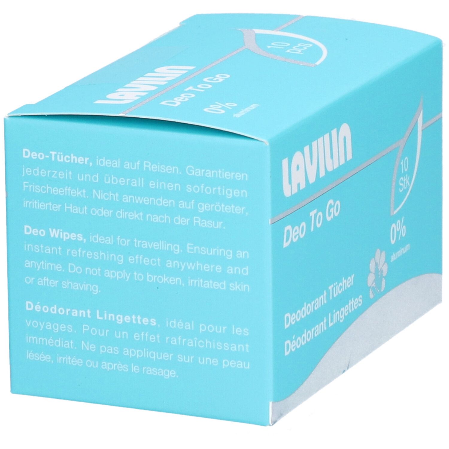 LAVILIN Deo To Go Box mit Beschreibungen für Deodorant Tücher, Deodorant Wipes und Déodorant Lingettes.