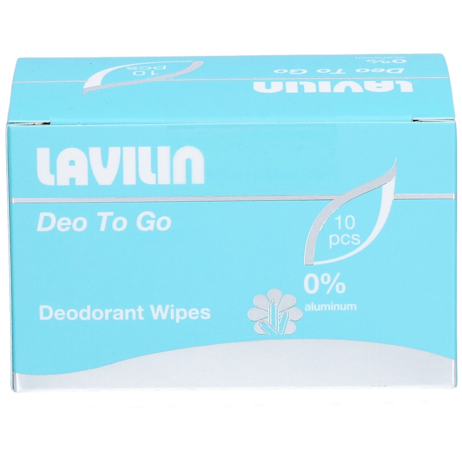 Vorderseite der LAVILIN Deo To Go Box, 10 Stück, 0% Aluminium, Deodorant Wipes.