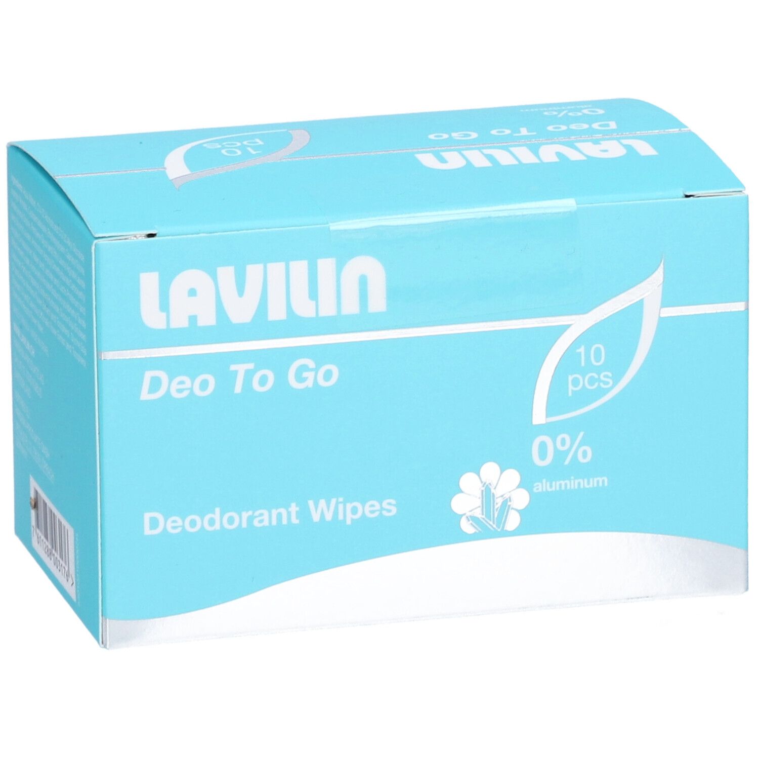 LAVILIN Deo To Go Deodorant Tücher Box, 10 Stück, 0% Aluminium, leicht schräg von vorne.