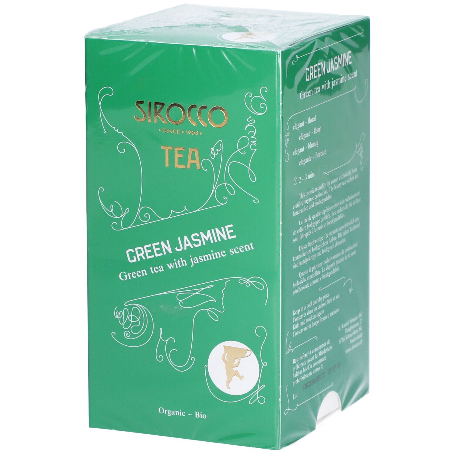 Boîte verte de thé SIROCCO TEA Green Jasmine. Inscription : Green tea with jasmine scent. Certification bio.