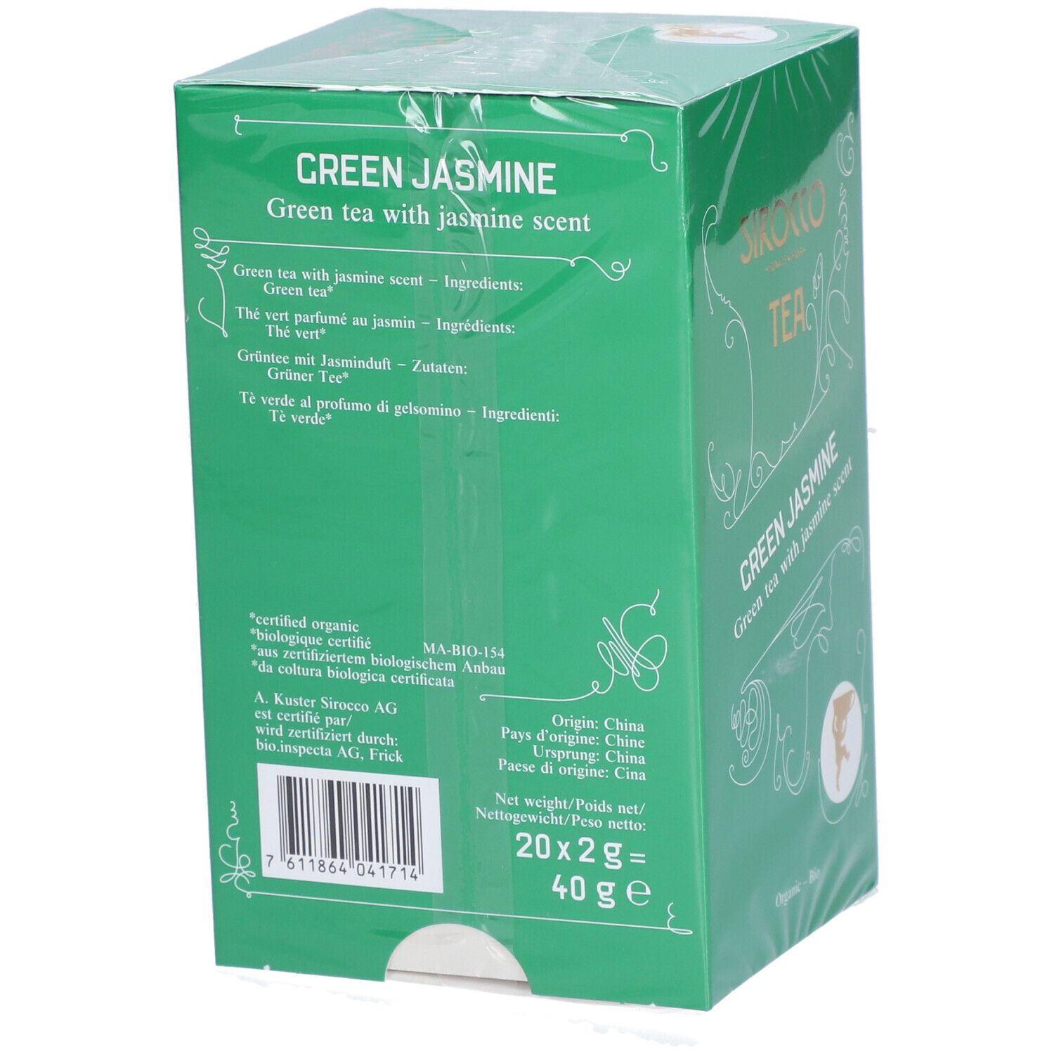 Dos de la boîte de thé SIROCCO TEA Green Jasmine verte. Ingrédients, origine Chine, poids net 40g.