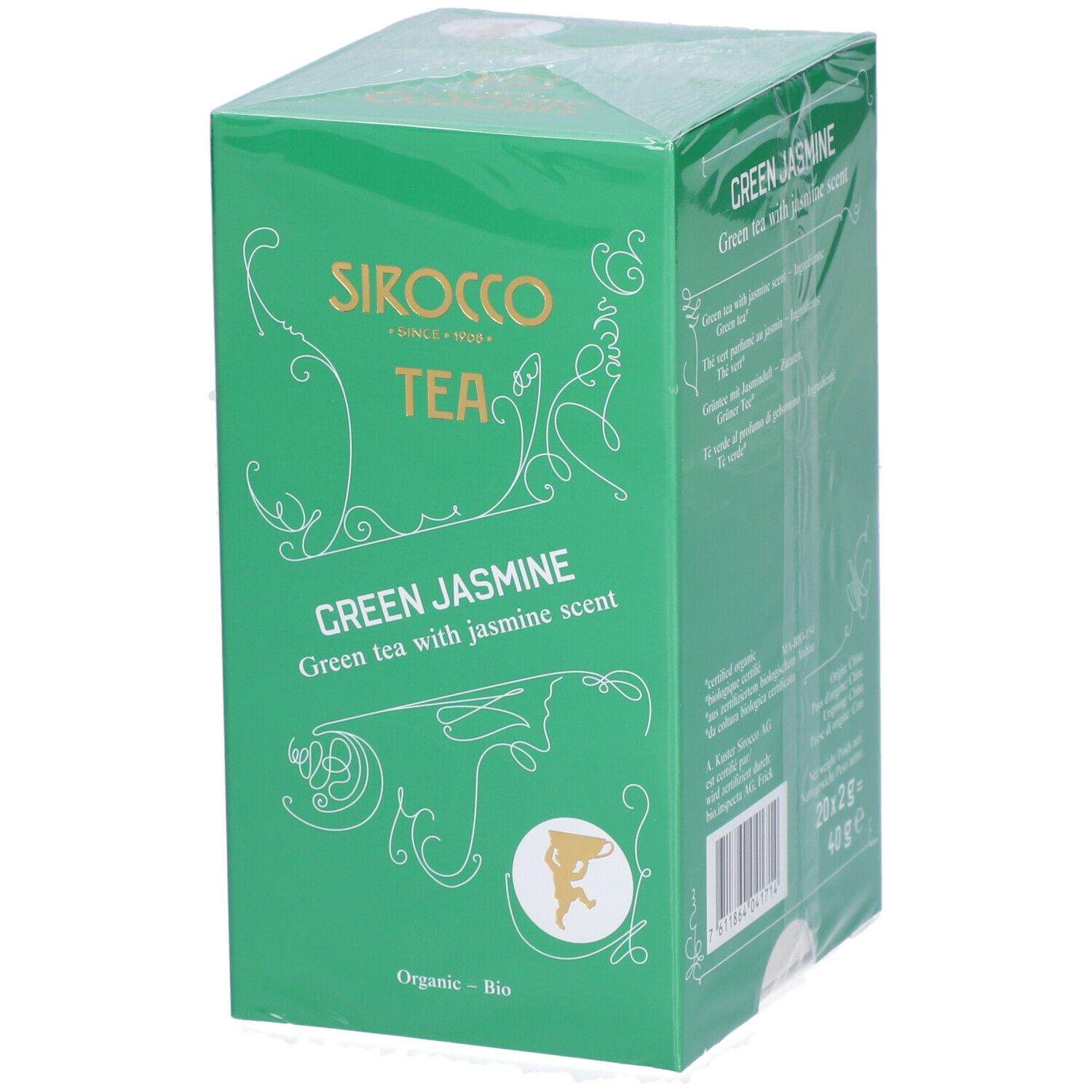 Boîte de thé SIROCCO TEA Green Jasmine verte. Inscription : Green tea with jasmine scent. Certification bio. Emballé.
