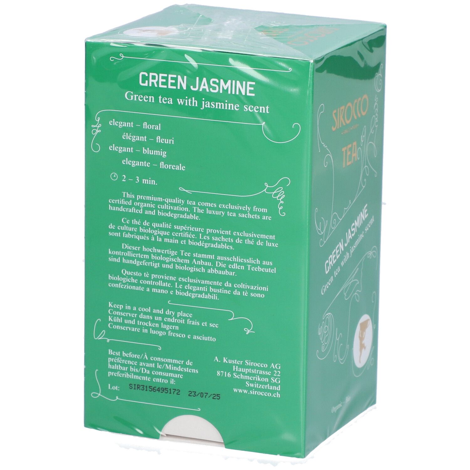 Boîte de thé SIROCCO TEA Green Jasmine verte. Préparation, conservation et fabricant. Emballé.
