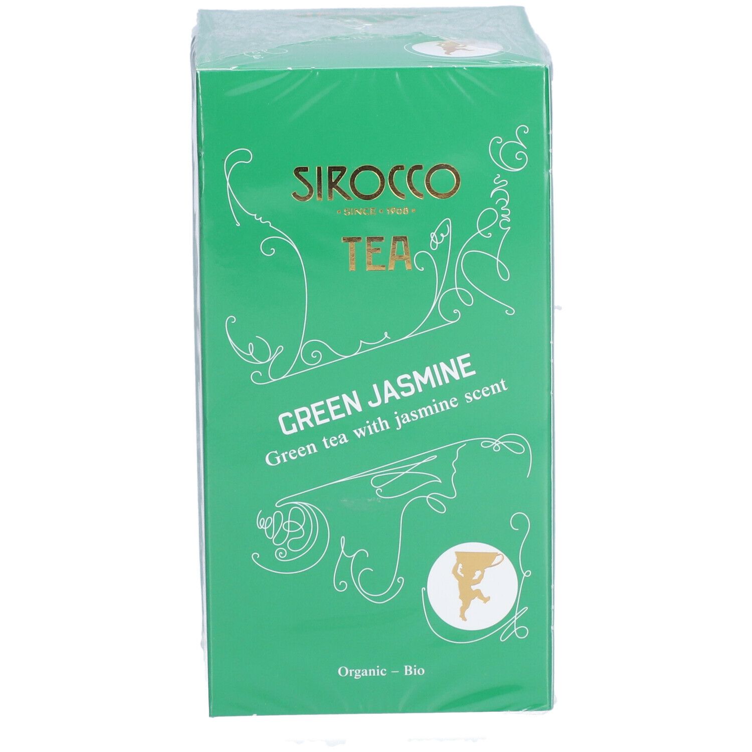 Boîte de thé SIROCCO TEA Green Jasmine verte. Inscription : Green tea with jasmine scent. Certification bio. Emballé.
