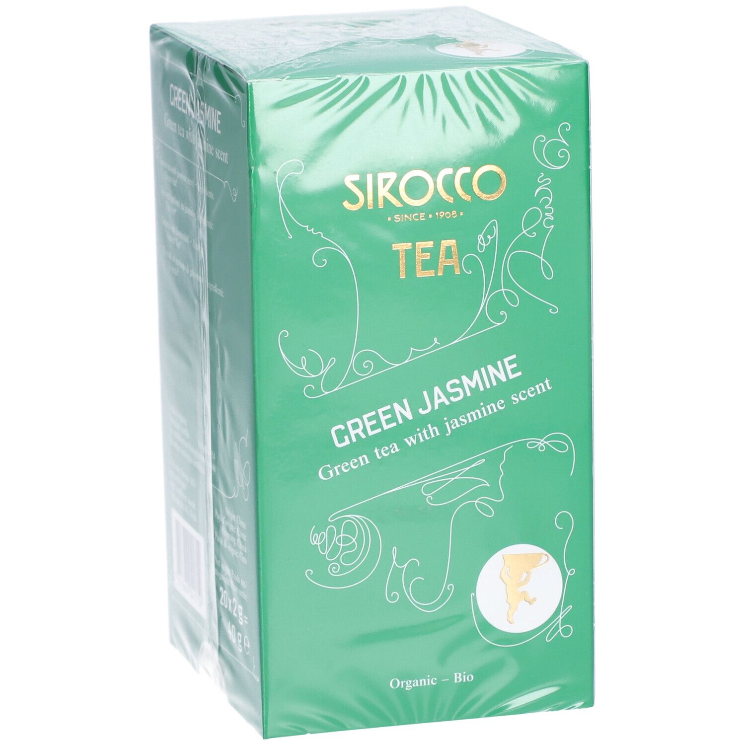 Boîte de thé SIROCCO TEA Green Jasmine verte. Inscription : Green tea with jasmine scent. Certification bio. Emballé.