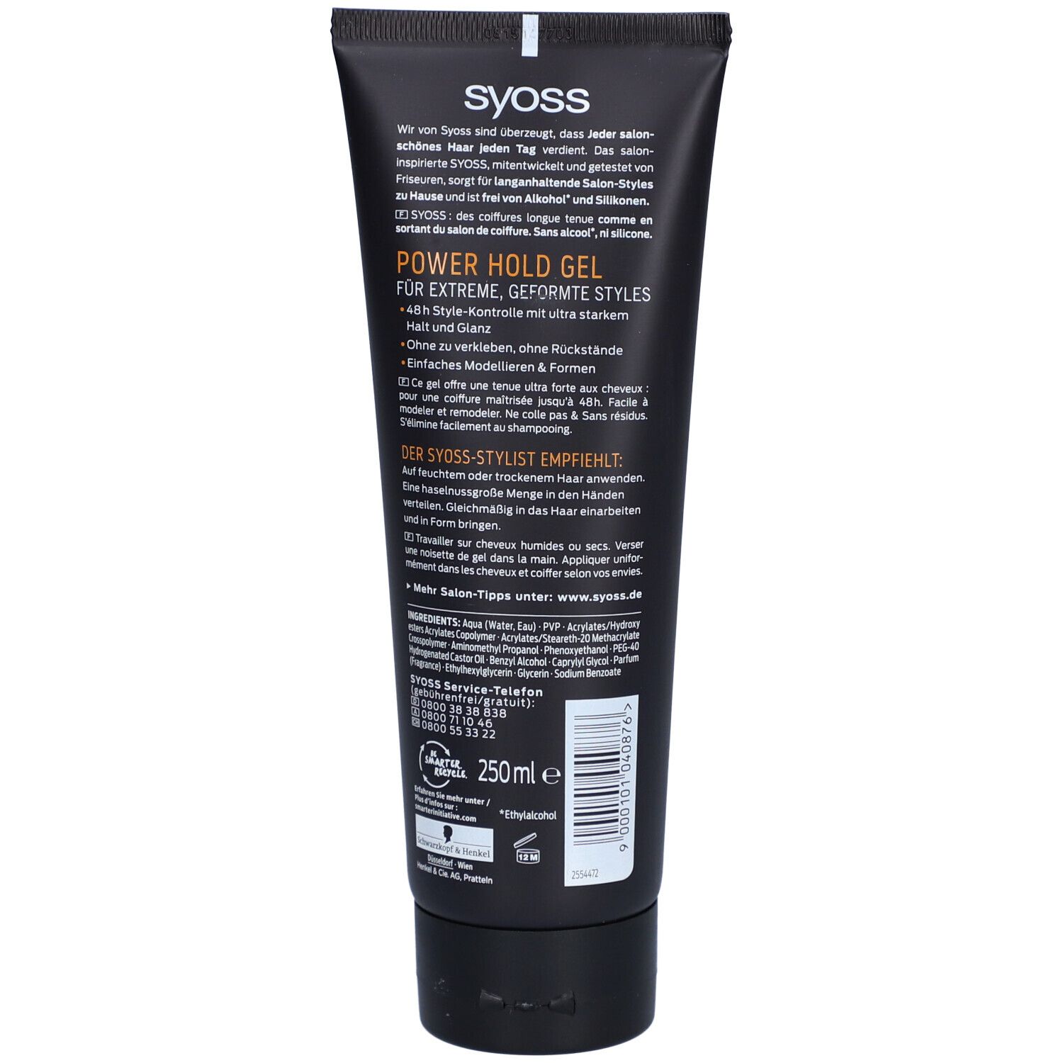 Rückseite der schwarzen Tube Syoss Power Hold Gel. Text in Deutsch, Französisch, Italienisch. 250ml. Mit Recycling-Symbolen.