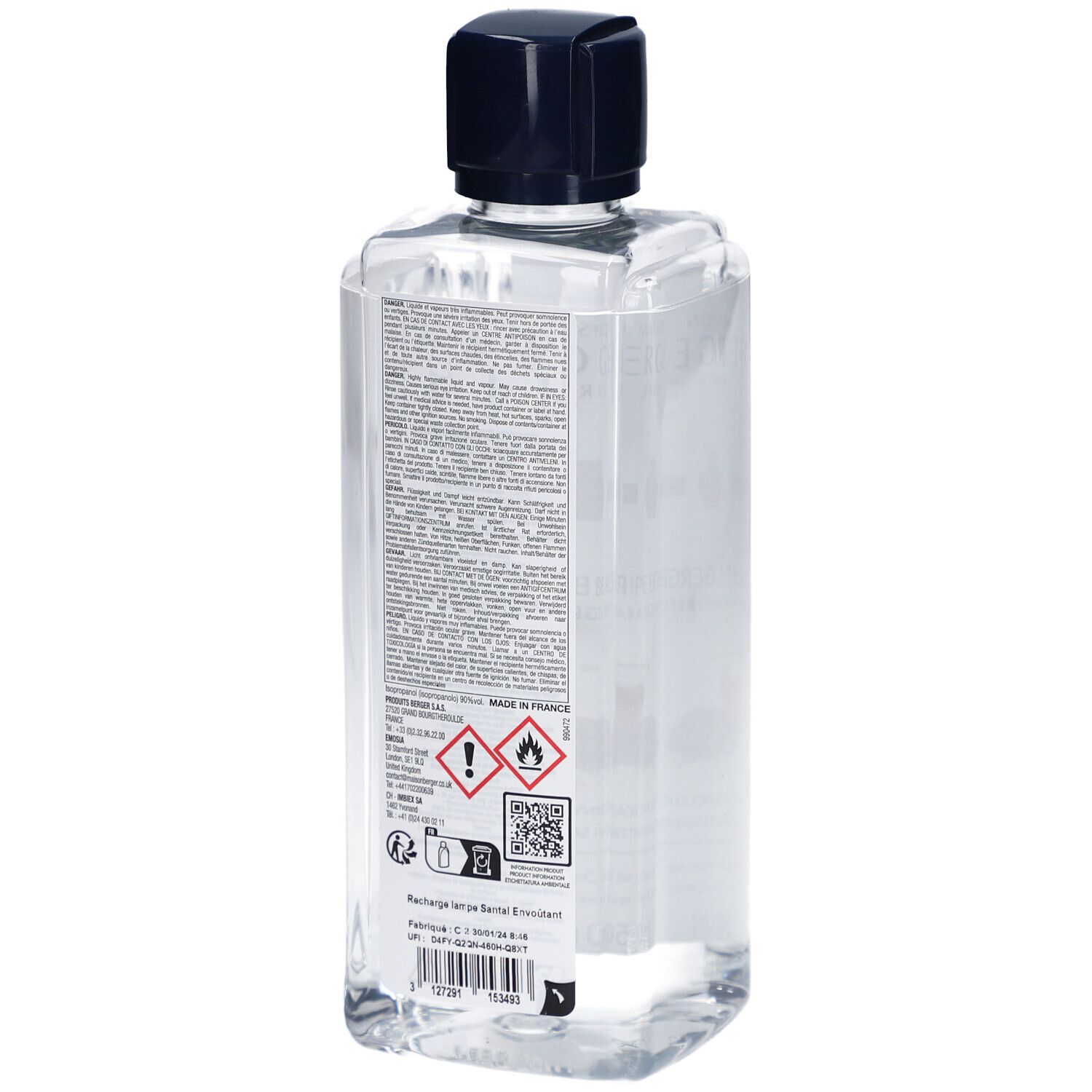 Vue arrière d'une bouteille rectangulaire avec liquide clair et bouchon noir. Texte et pictogrammes sur l'étiquette.