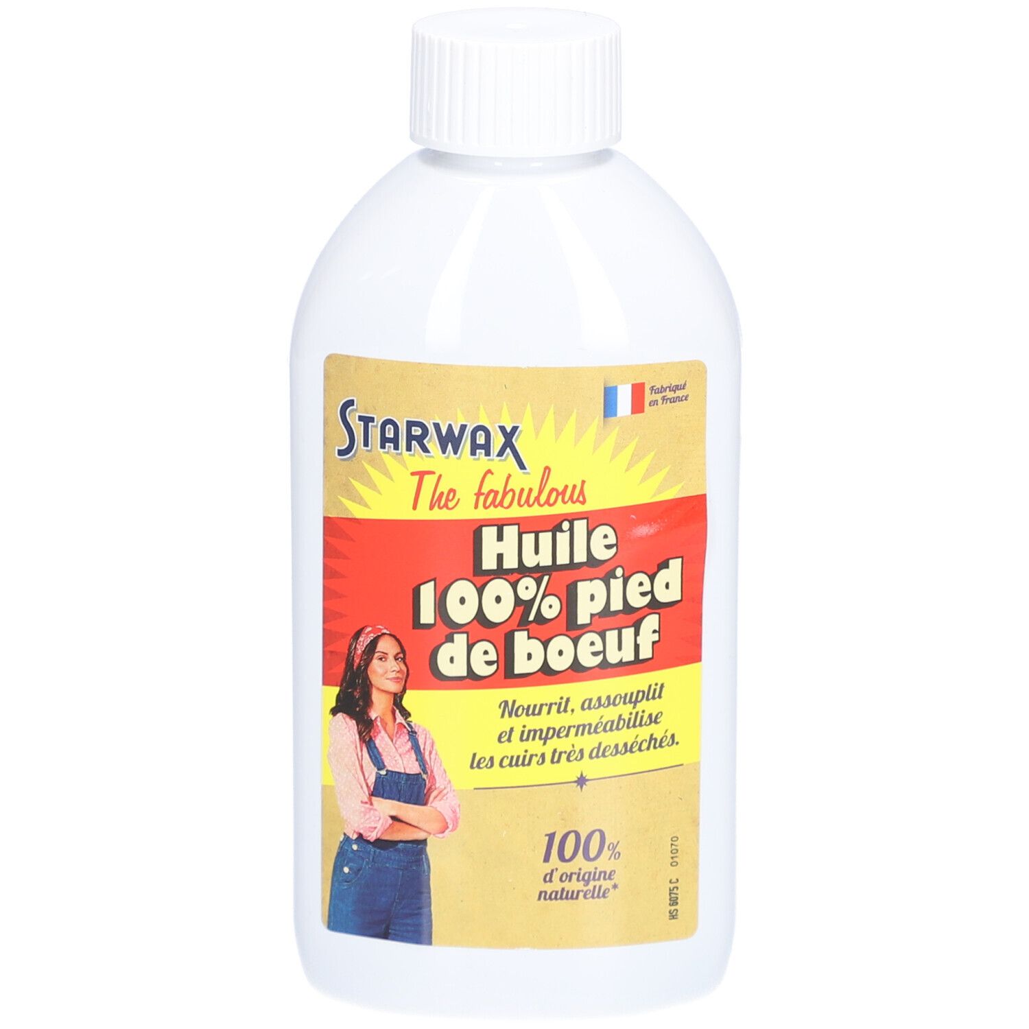Flasche STARWAX Öl 100% Ochsenfuß. Etikett mit Produktname, Frau, französischer Flagge. "Huile 100% pied de boeuf".