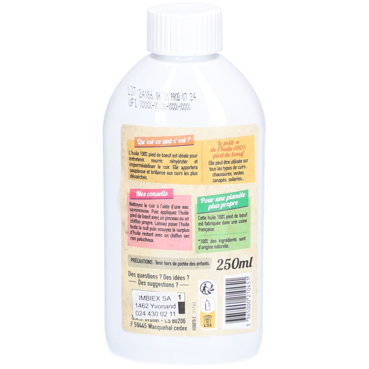 Rückseite der Flasche STARWAX Öl 100% Ochsenfuß. Text in Französisch. 250ml. Informationen zur Verwendung und Inhaltsstoffen.