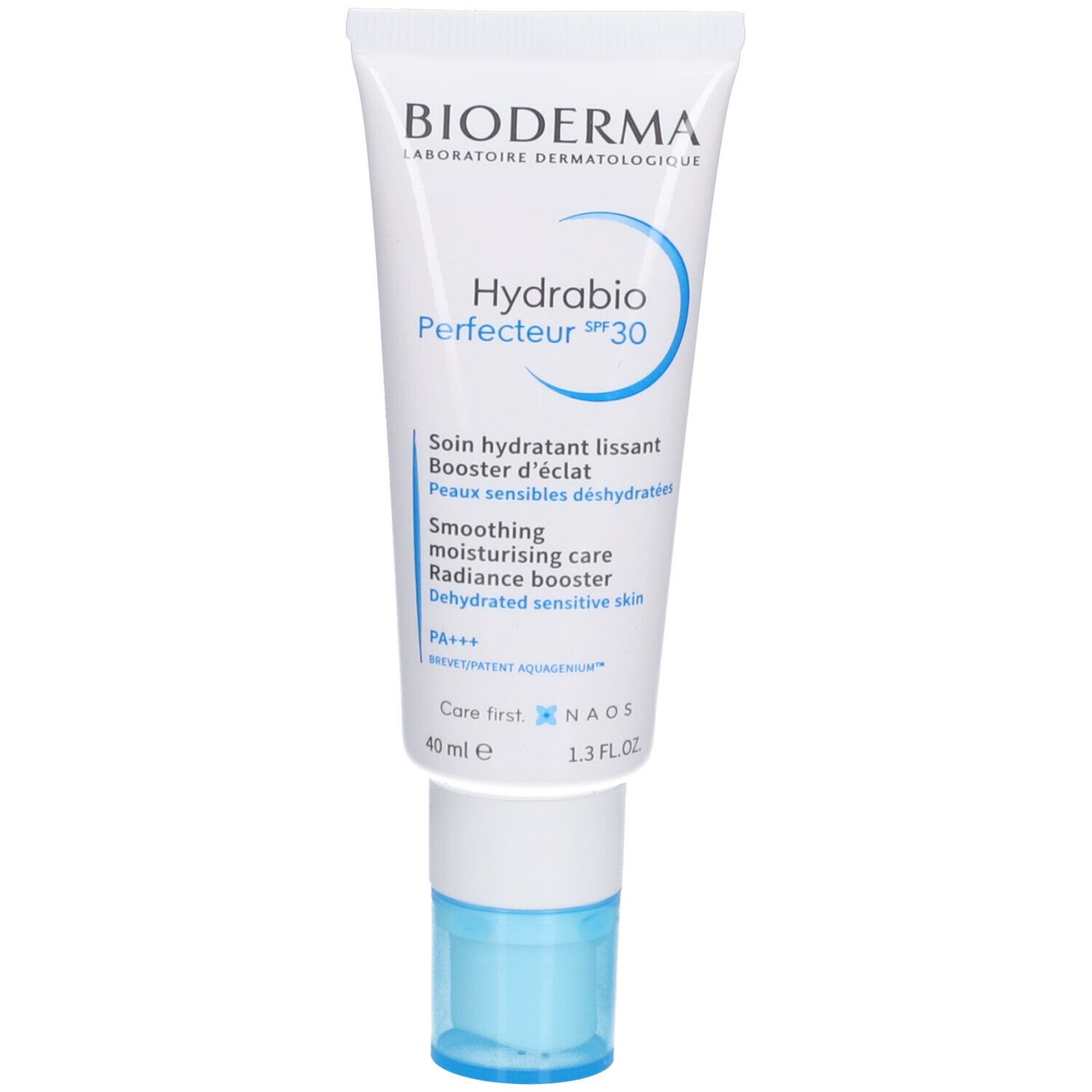 Tube blanc avec bouchon bleu. Inscription: BIODERMA, Hydrabio Perfecteur SPF 30. Texte en français et anglais.