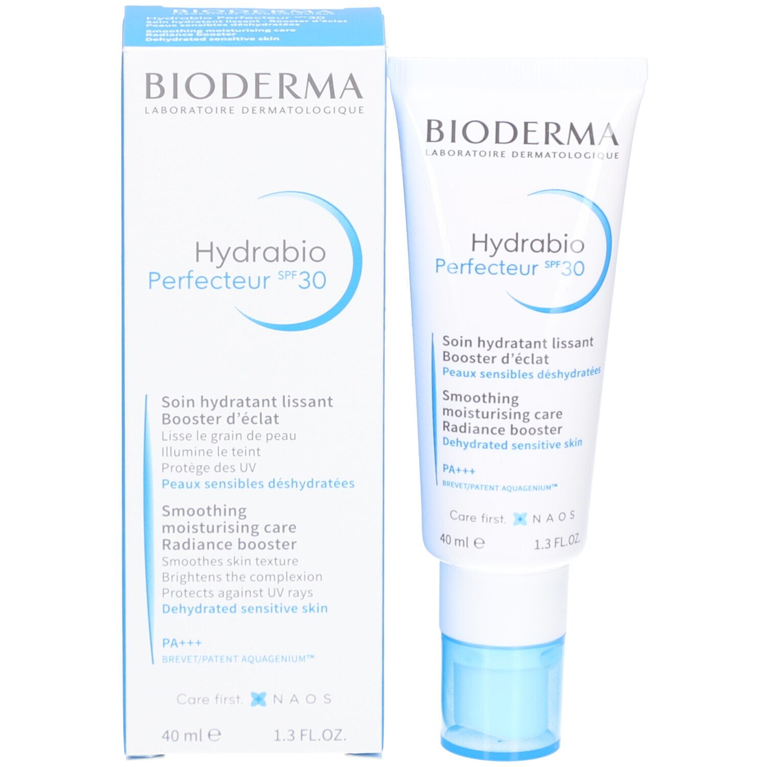 Emballage du produit avec tube. Inscription: BIODERMA, Hydrabio Perfecteur SPF 30. Texte en français et anglais.