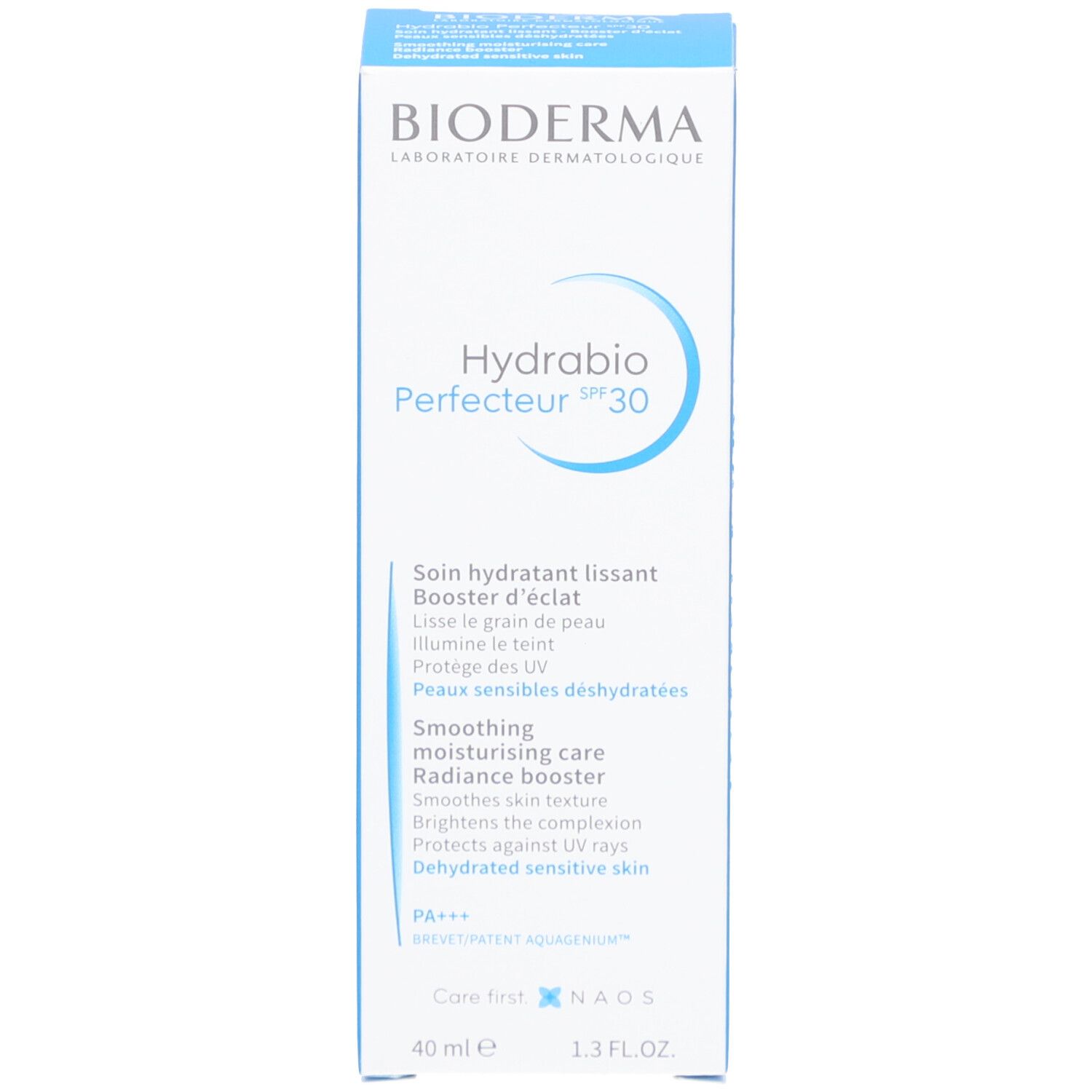 Emballage du produit, bleu et blanc. Inscription: BIODERMA, Hydrabio Perfecteur SPF 30. Texte en français et anglais.