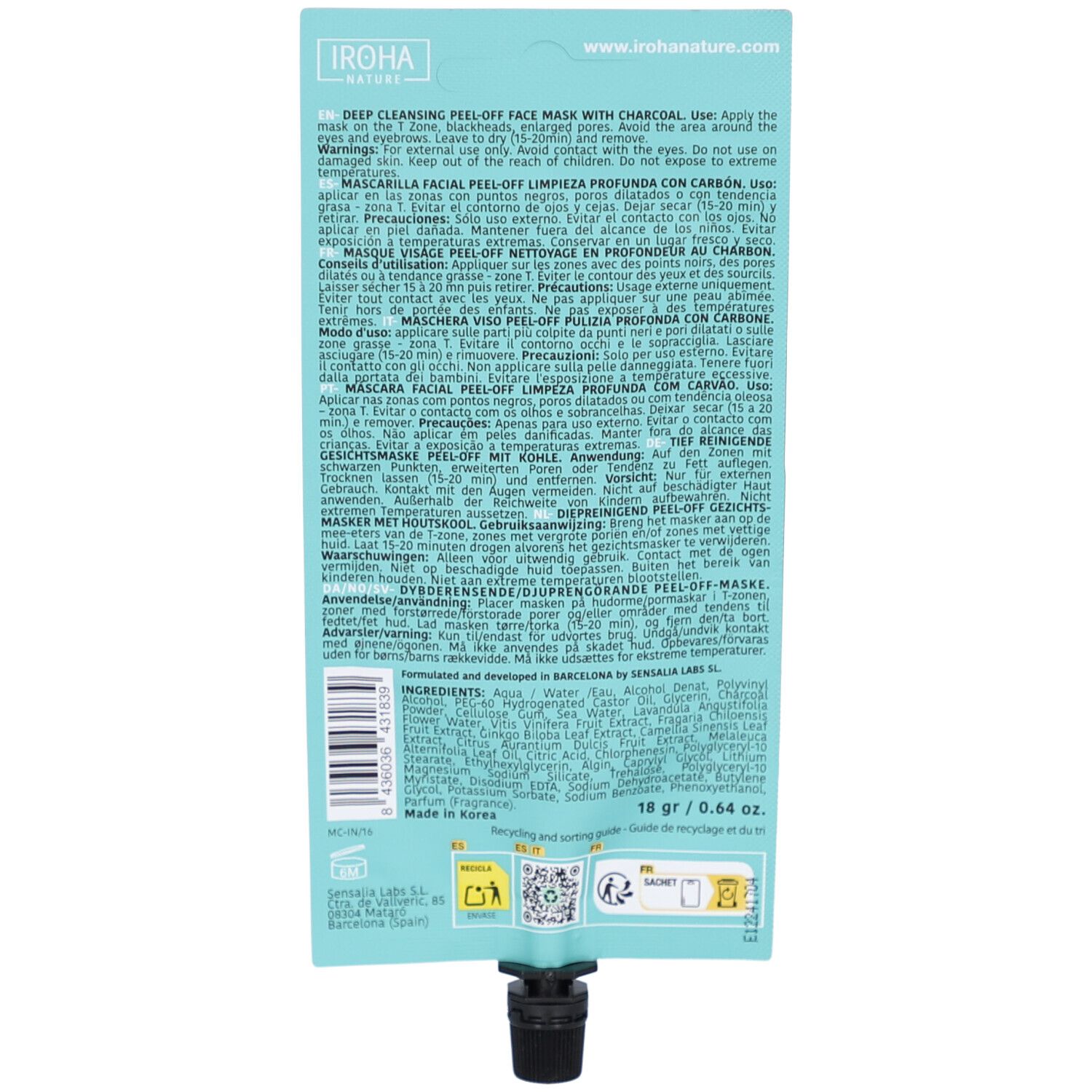 Iroha Nature Deep Cleansing Peel-Off Gesichtsmaske mit Aktivkohle, 18g.