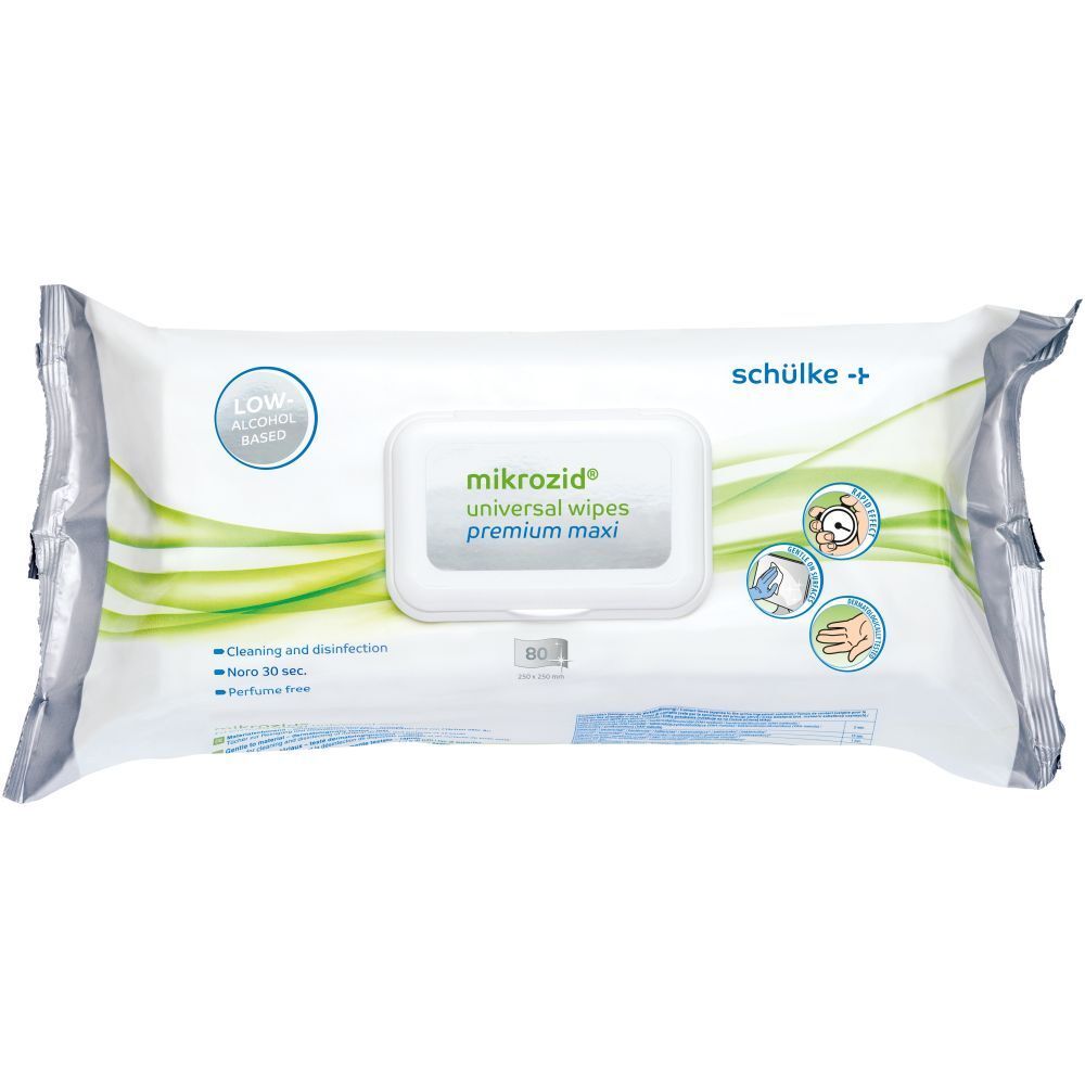 Paquet de lingettes universelles mikrozid® Premium Maxi. Blanc avec design vert. Logo et nom du produit. "Low Alcohol Based".