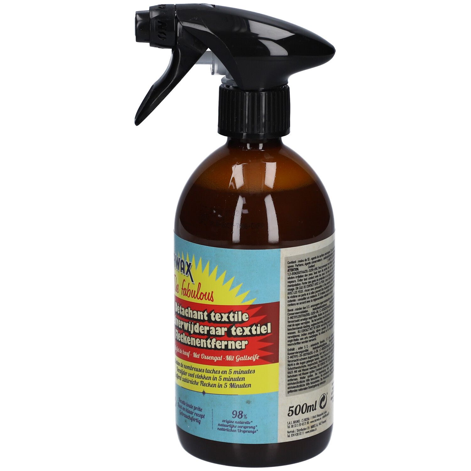 Flacon pulvérisateur marron avec tête noire. Inscription STARWAX, détachant textile. 500ml. Étiquette avec texte.