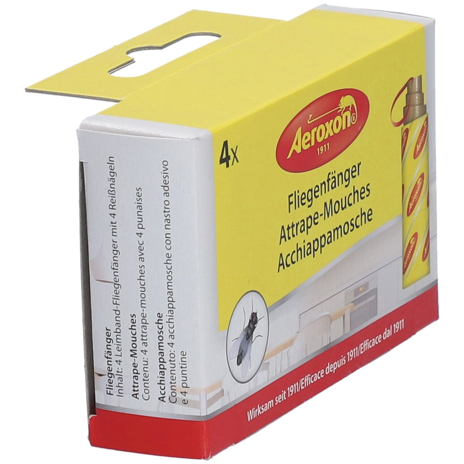 Verpakking met "AEROXON" logo en productnaam. Bevat 4 vliegenvangers. Getoond met open lipje. Illustratie van een vlieg.