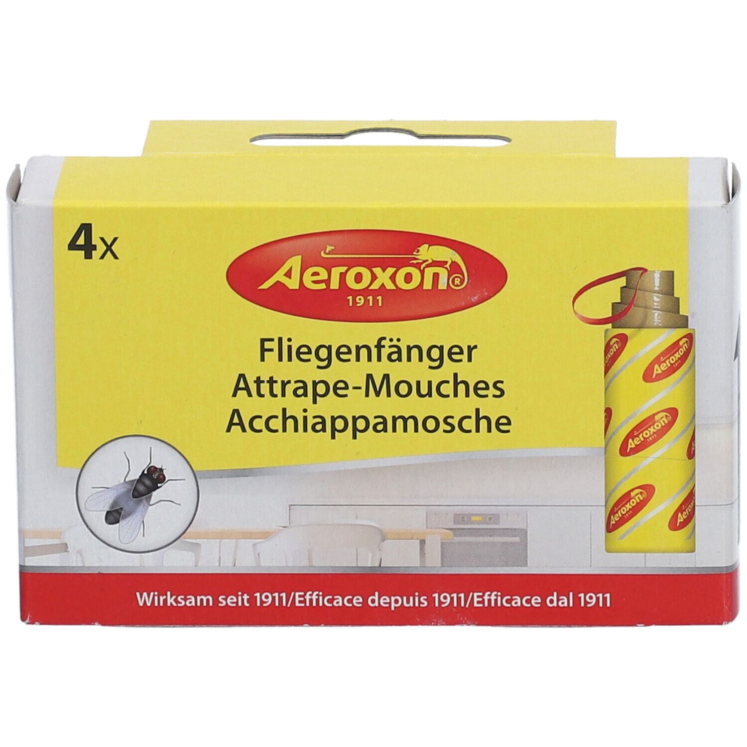 Gele verpakking met "AEROXON" logo en productnaam. Bevat 4 vliegenvangers. Illustratie van een vlieg en het product.