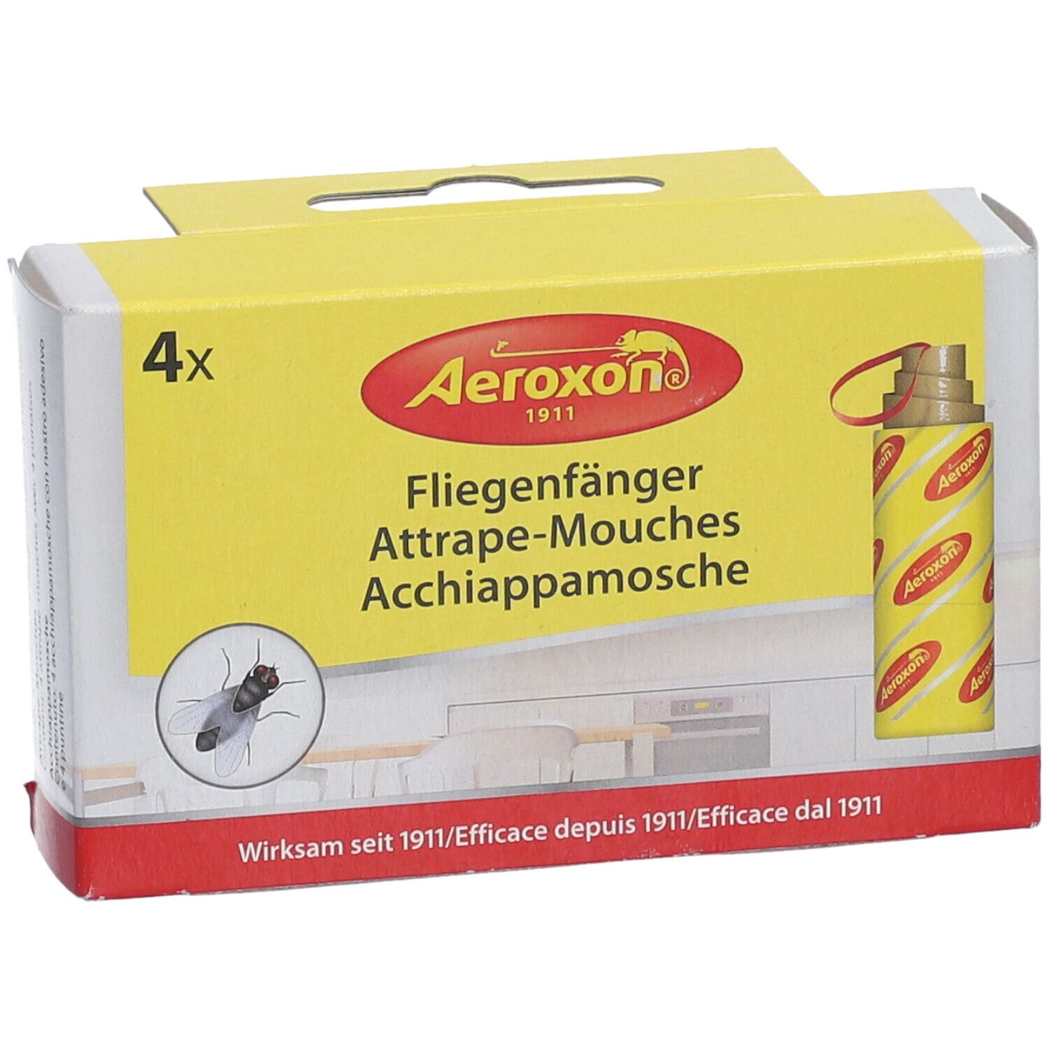 Gele verpakking met "AEROXON" logo en productnaam. Bevat 4 vliegenvangers. Illustratie van een vlieg en het product.