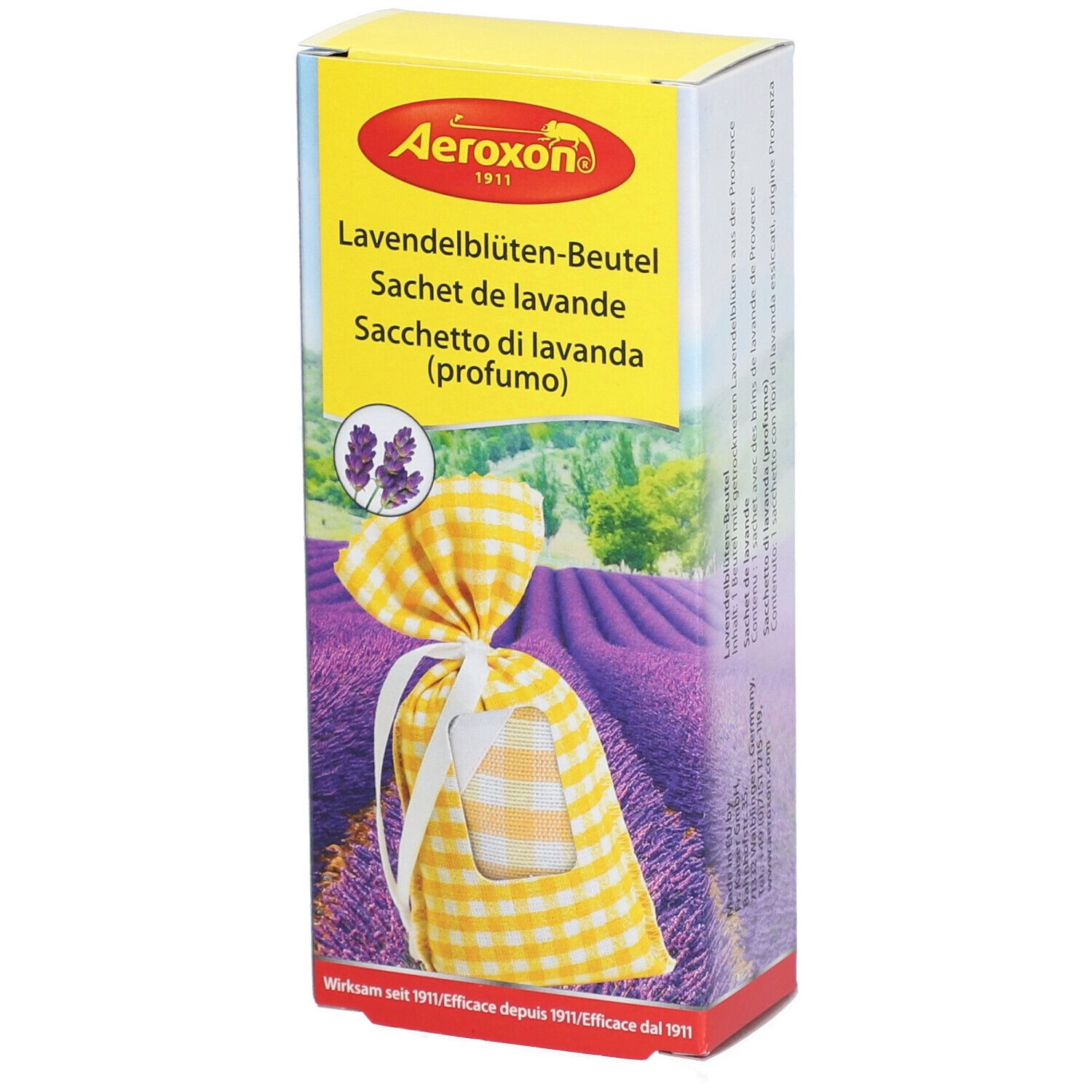 Verpakking van Aeroxon® Lavendelblüten-Beutel. Voorzijde met productafbeelding en lavendelveld. Tekst in het Duits, Frans en Italiaans.